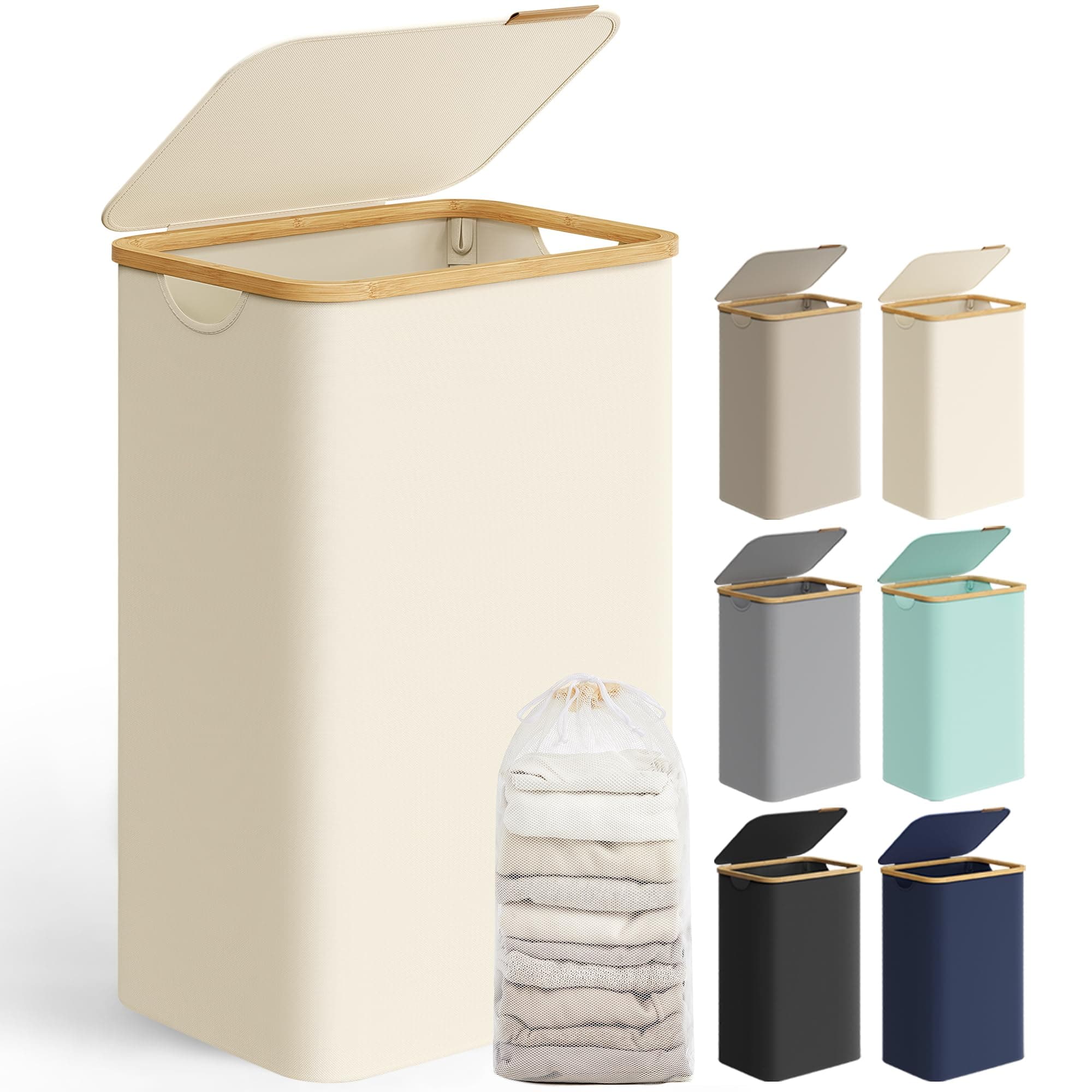 SONGMICS Wäschekorb mit Deckel, Wäschesammler 90 L, herausnehmbarer Wäschesack, Oxford-Gewebe, Griffe aus Bambus, zusammenklappbar, 42 x 32 x 70,5 cm, cremeweiß LCB509W01