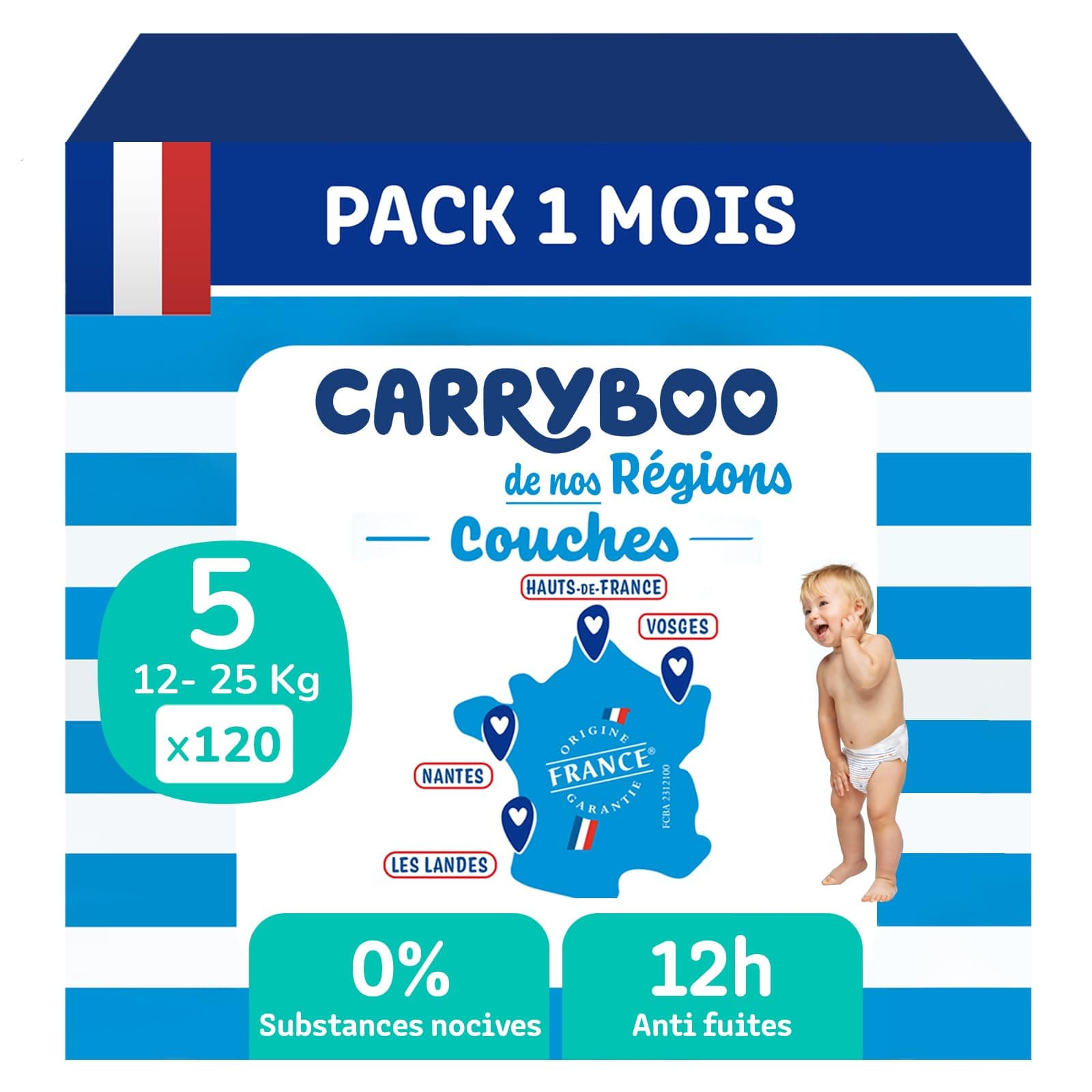 CARRYBOO - Couches Taille 5 (12-25kg) - Saines et Ultra Absorbantes - 12h Anti Fuites - Sans substances indésirables - Fabriquées en France - Prix Accessible- 120 Couches Jetables - Pack 1 Mois