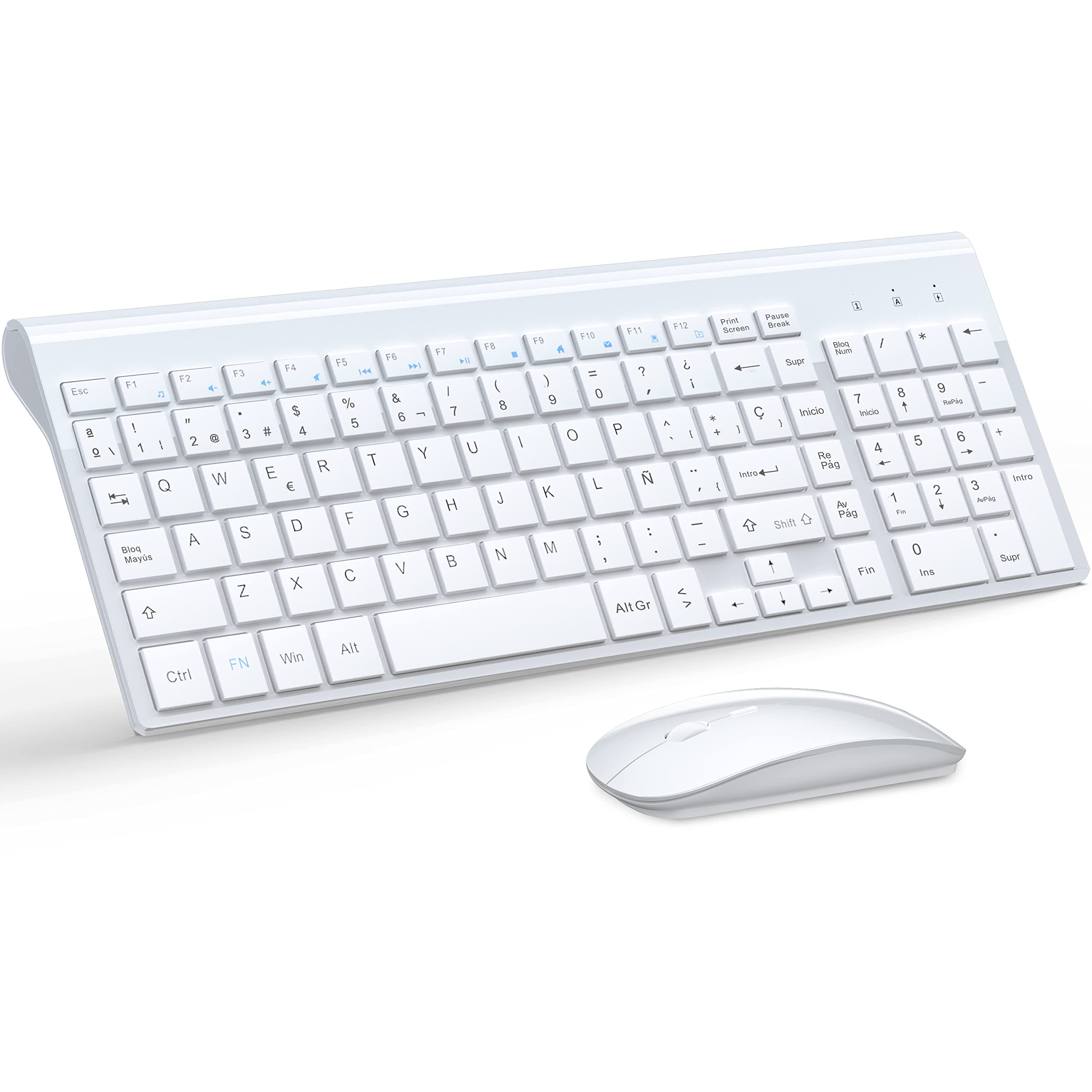 TopMate Pack Teclado y Raton 2400DPI, Inalámbricos Ultra Delgado, 2.4G Compacto Silencioso Teclado de Tamaño Completo con Cubierta, 2 Pilas AA y AAA, para PC/Laptop/Windows-Blanco
