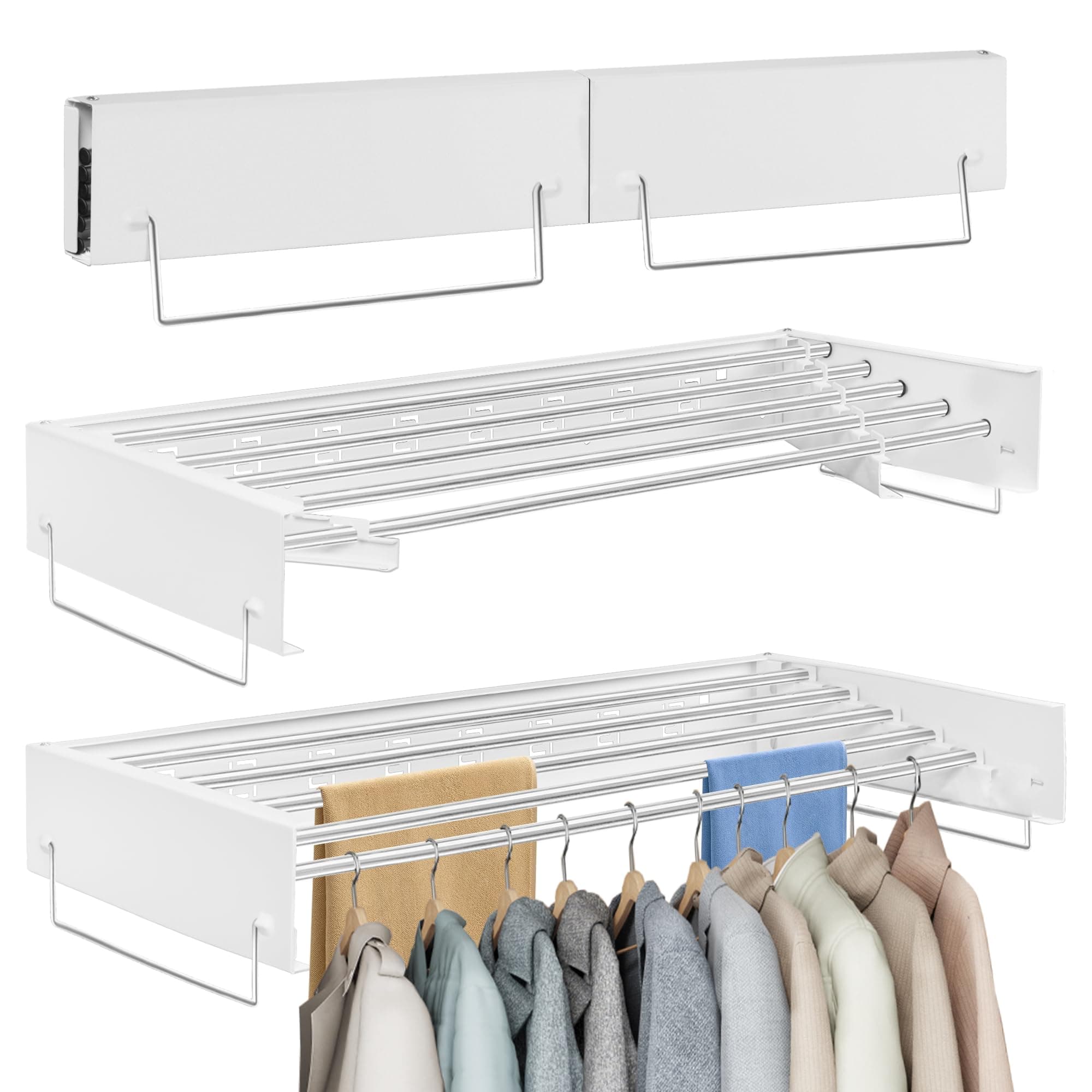 OUUTMEE 80CM Étendoir à Linge Mural Pliable, Séchoir à Linge Mural pour Intérieur et Extérieur, Rétractable Etendoir Linge avec 5 Tiges, Economiseur d'Espace Design (Blanc)