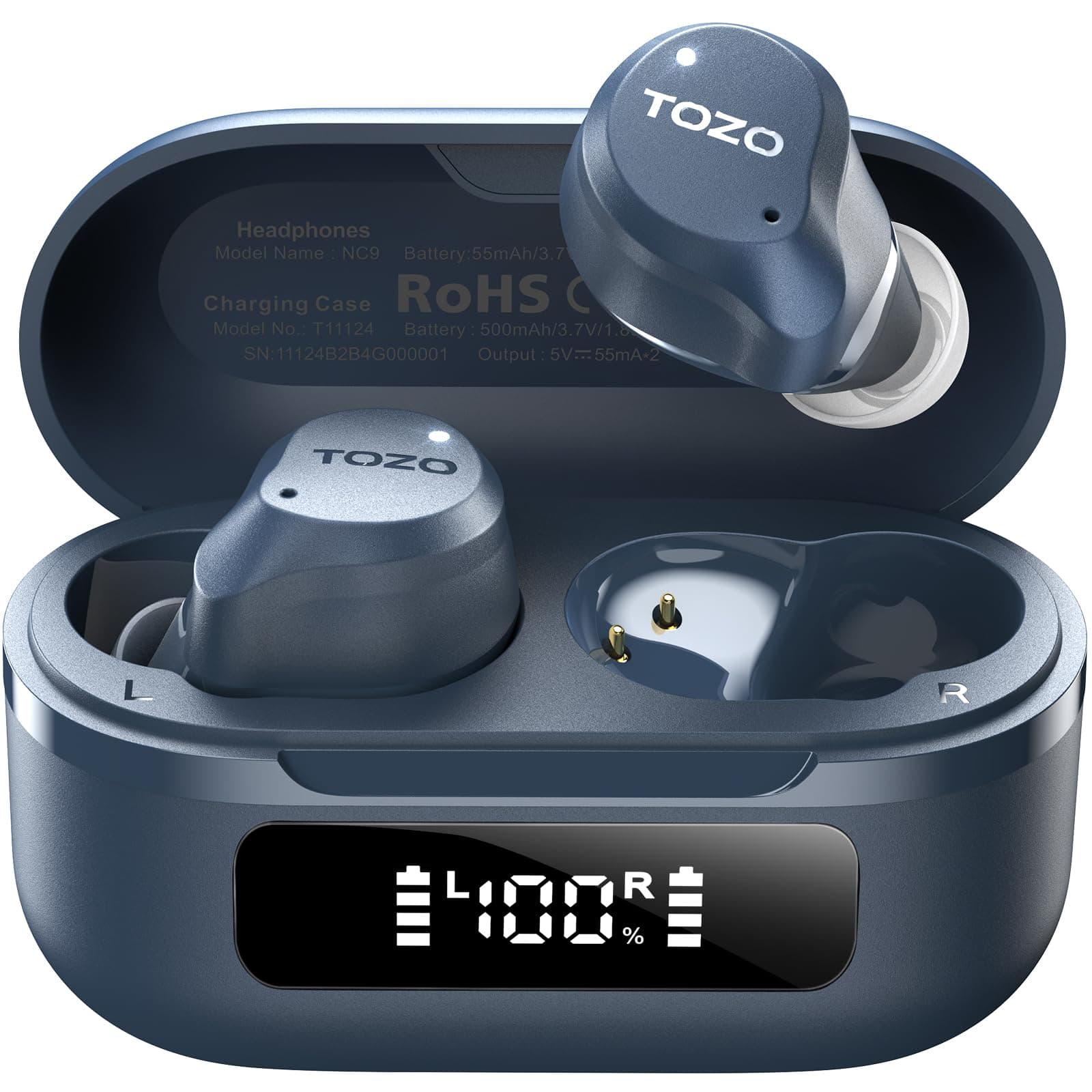 TOZO Hybrid Auriculares Inalámbricos Bluetooth 5.3 ANC Híbrida 6 Mics ENC, Reducción de Ruido 45dB, ORIGX 2.0 Acústico 32 EQs, 60H, Pantalla LED, USB Tipo C, IPX8, para Oficina y Commuting, Azul