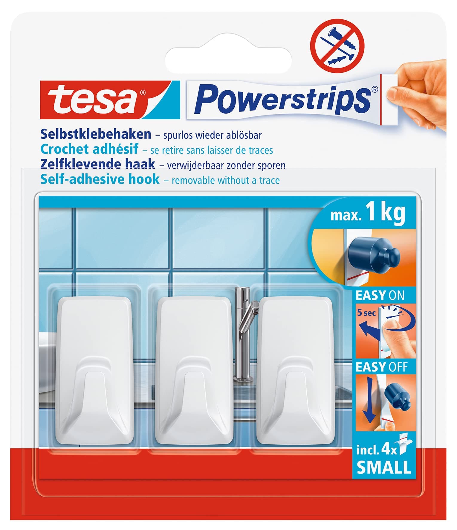 tesa Powerstrips Haken Small ECKIG - Selbstklebender Wandhaken für Glas, Kacheln, Holz, Kunststoff und andere Untergründe - Weiß