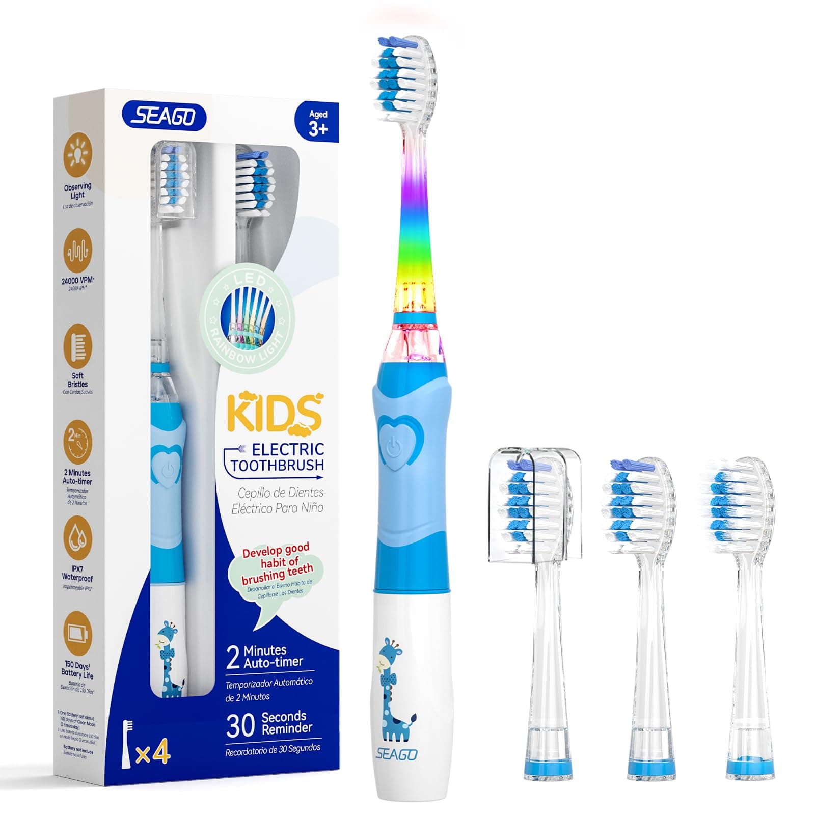 Seago brosse à dents électrique enfant avec LED colorée, minuteur 2 Min, 4 têtes remplaçables, brosse a dent enfant pour 3-12 ans, SG977 (Bleu Clair)