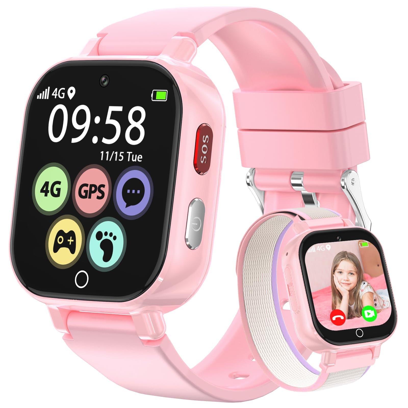 Alutoria Smartwatch Bambini-Orologio per Bambina con 4G GPS Telefono Videochiamata Chat Vocale Contapassi SOS Sveglia-Smart watch per Ragazza e Ragazzo 4-12 Anni Regalo Rosa