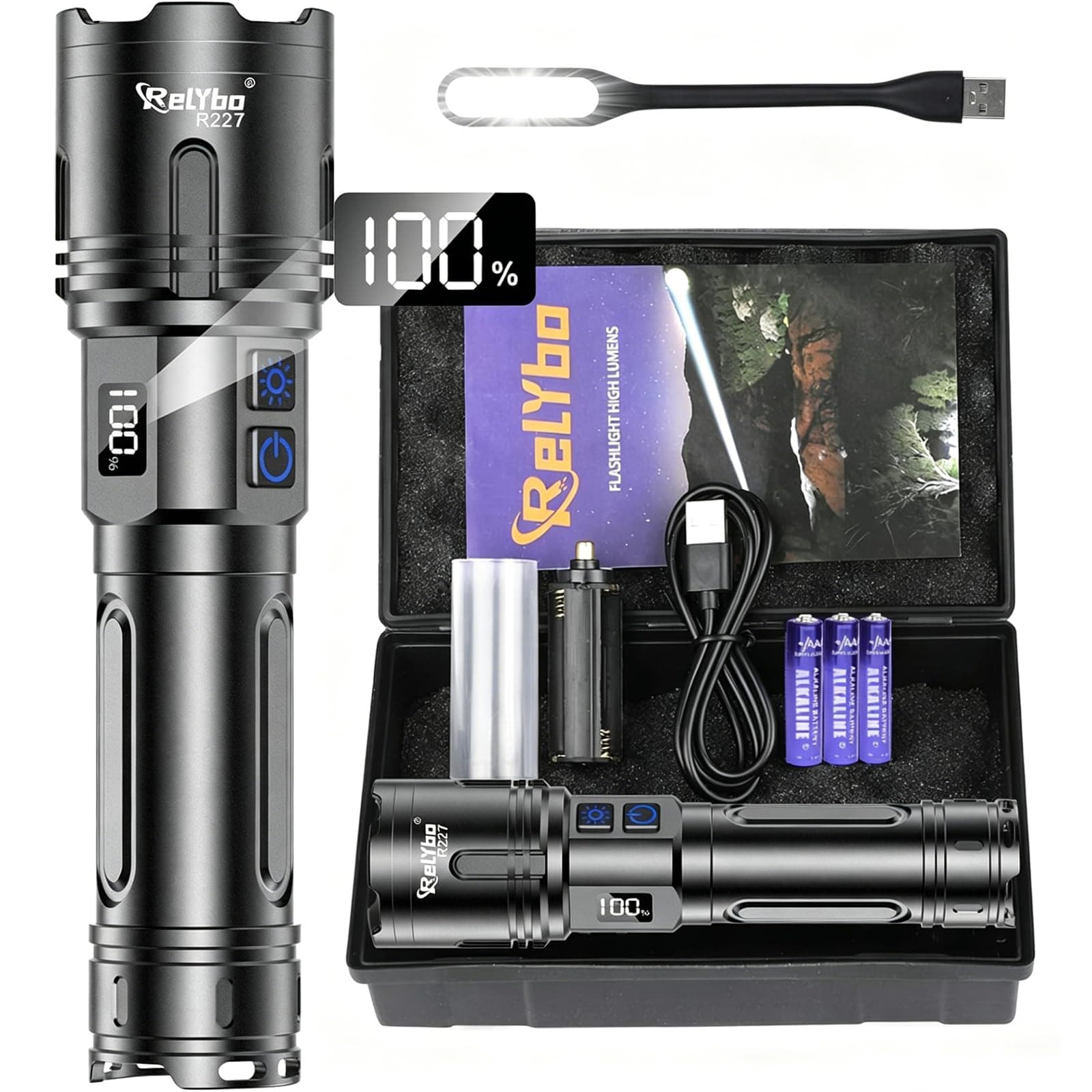 Relybo Torcia LED Potente Professionale 1,000,000 Lumens, XHM90.2 Torcia LED Ricaricabile USB C, 2 Interruttori Infinitamente Dimmerabile Torcia potente Tattica Per Campeggio Trekking Emergenza