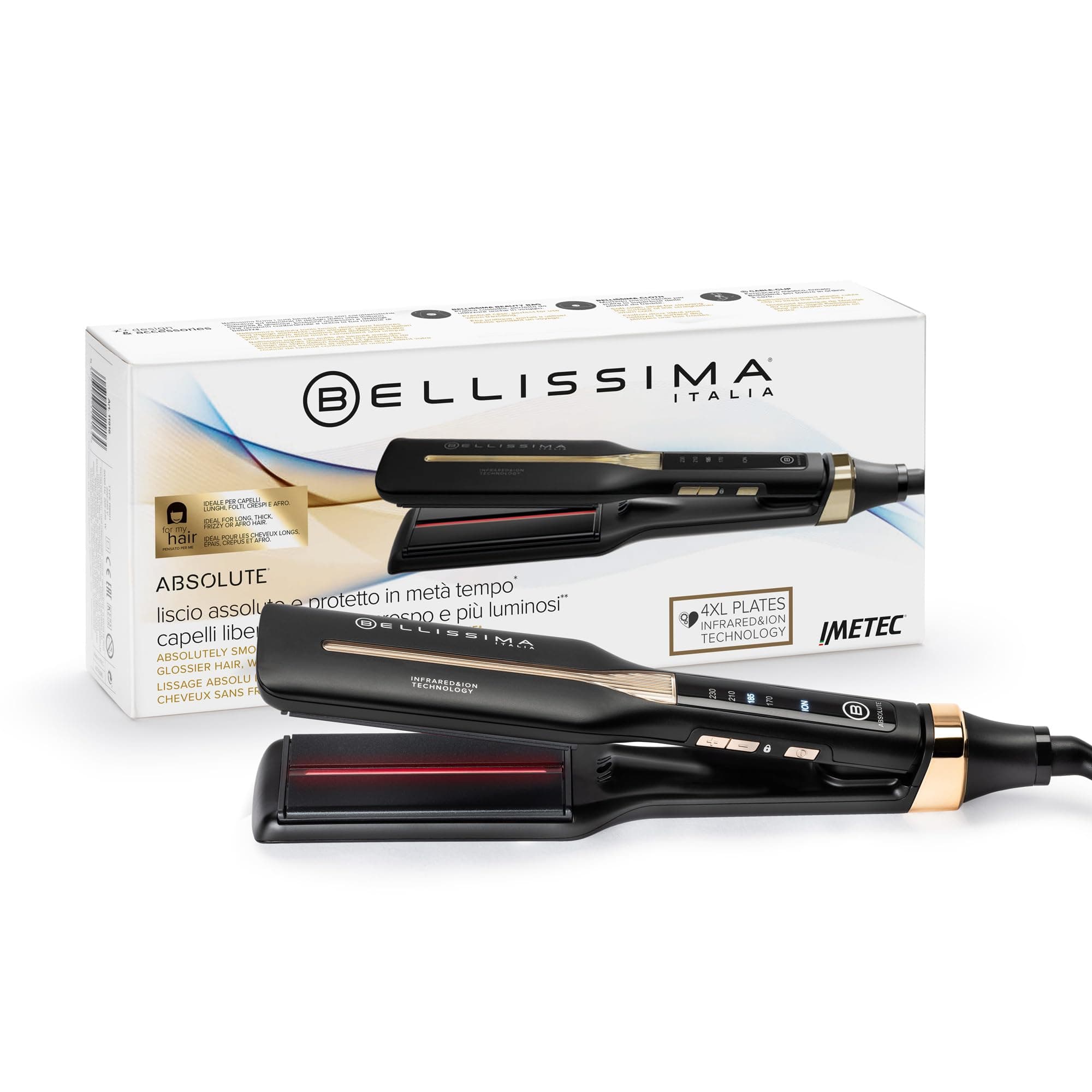 Bellissima Absolute Plancha Flexible de Infrarrojos, 4 Elementos Calefactores, Revestimiento de Cerámica y Queratina, 4 Temperaturas, Diseño Redondeado, Calentamiento Rápido, Bolsa de Belleza