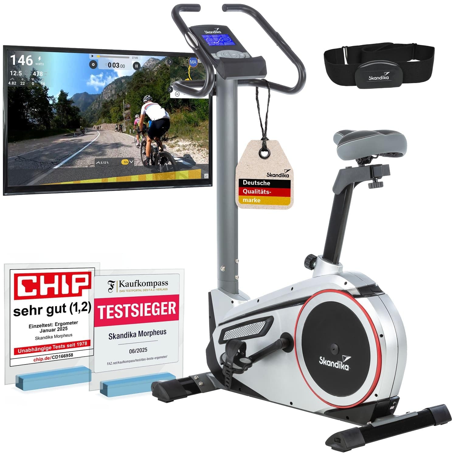 Skandika Ergometer Morpheus | Heimtrainer für Zuhause, 12 kg Schwungmassensystem, 32 Levels, 24 Programme, App Kompatibel mit Kinomap, Pulsgurt, Tablethalterung | Indoor Fahrrad bis 150 kg