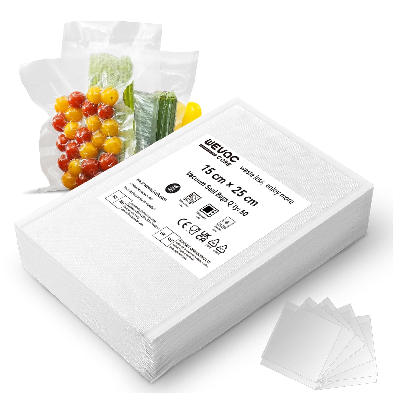 Wevac Core Bolsas de Vacío 15x25 cm 50 uds, para conservación de Alimentos | Bolsas de Vacío Precortadas Gofradas, Sin BPA, Resistentes al Desgarro y Herméticas, para Congelación y Cocción Sous Vide