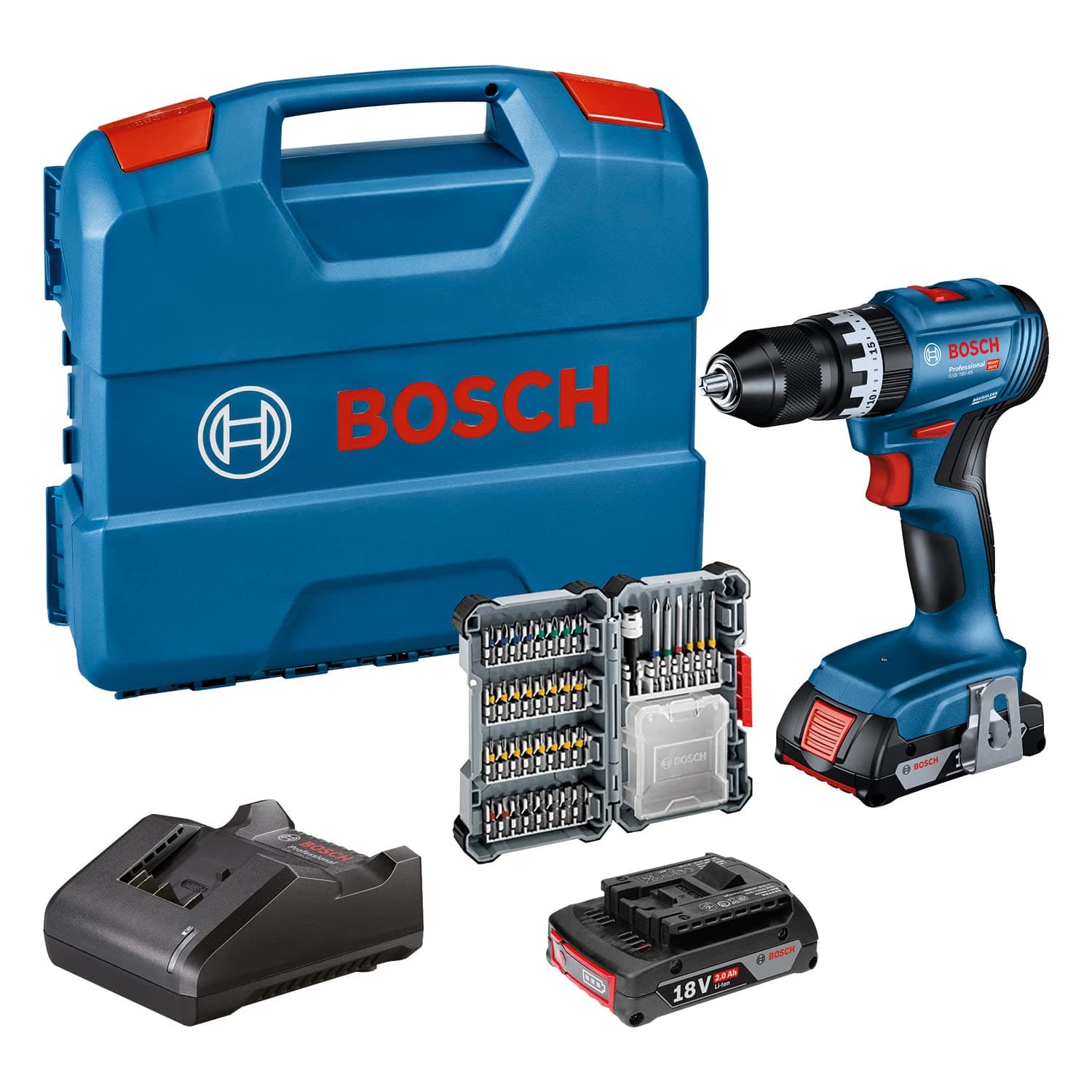 Bosch Professional 18V System Trapano avvitatore con percussione a batt. GSB 18V-45 (velocità di rotazione di 1.900 giri/min, 2 batt. da 2.0 Ah, accessori, GAL 18V-20, L-Case) - Amazon Exclusive Set