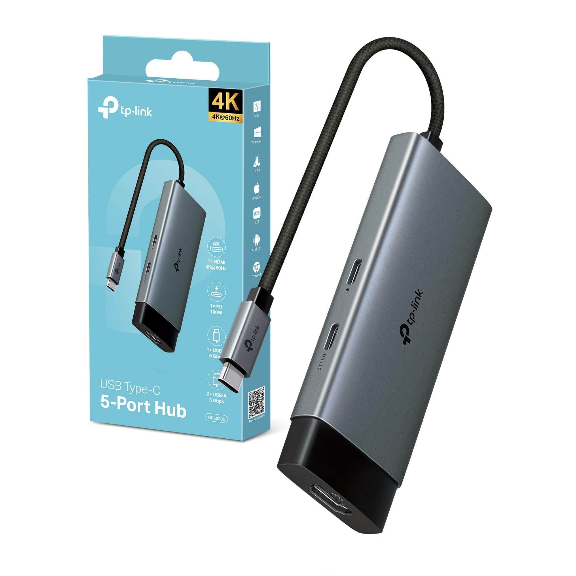 TP-Link UH5020C Hub USB-C 5 in 1, HDMI 4K@60Hz, USB-C PD Rapida a 100W, Porta USB-C+2 Porte USB-A 3.0 fino a 5 Gbps, Supporta Mac OS, Windows 11/10/8.1/8/7, Linux OS, iPadOS, iOS, Android e Chrome OS