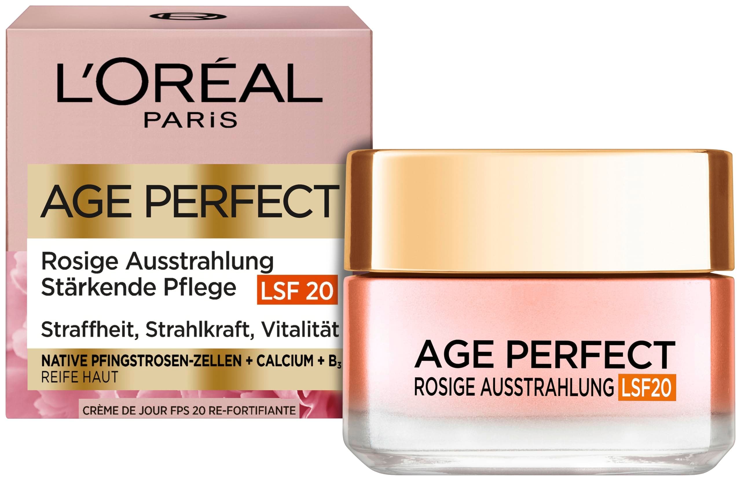 L'Oréal Paris Rosé Tagespflege LSF 20 für Frauen, für eine ebenmäßige & strahlende Haut & rosig frische Ausstrahlung mit Pfingsrosen-Zellen, Calcium und Vitamin B3, Age Perfect Golden Age1x 50ml