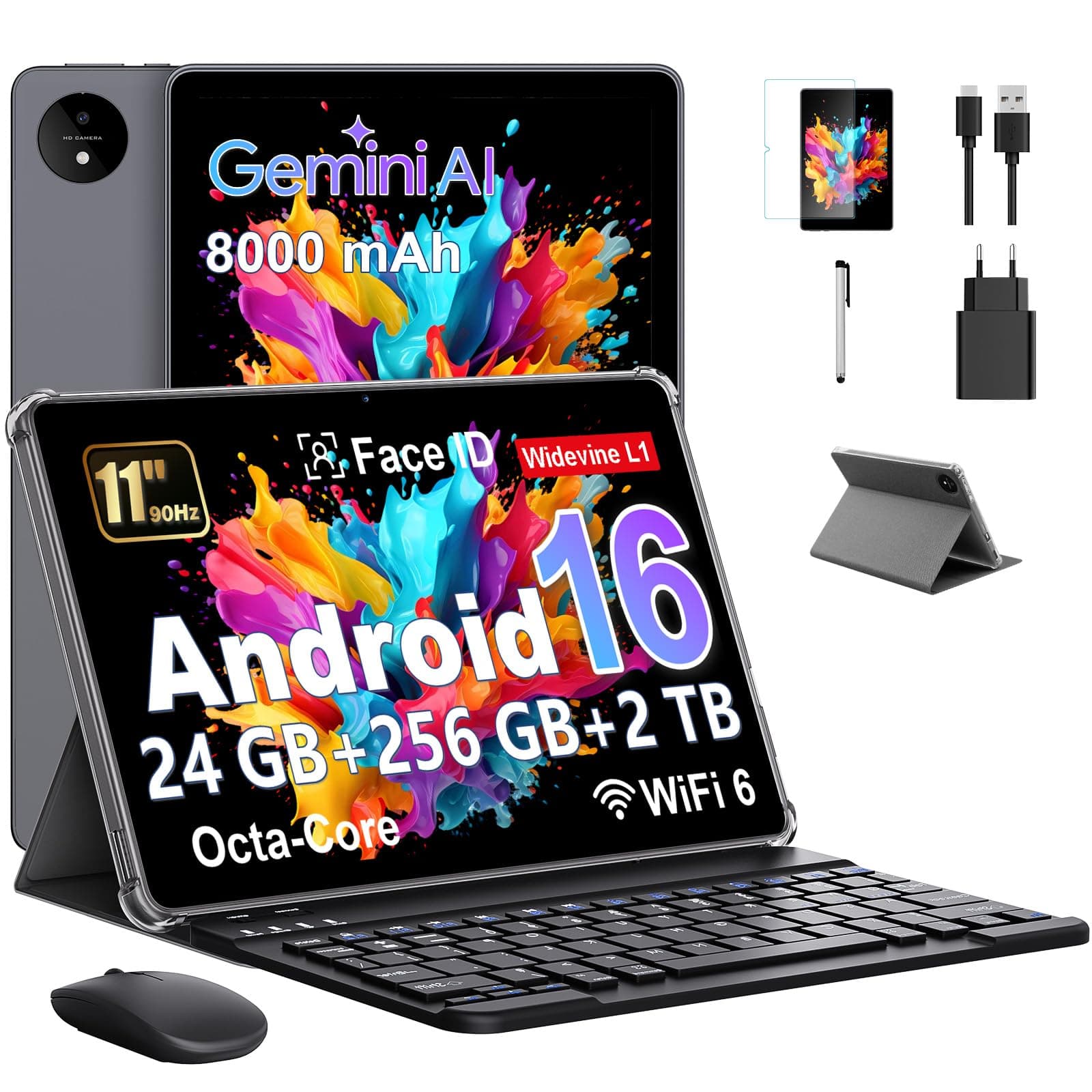 Tablet 11 Pulgadas en Gemini AI, Tableta Android 16 en Funda, Ratón & Teclado, Octa-Core, 24 GB RAM + 256 GB ROM + 2 TB TF, 1920x1200 Pantalla HD, 90 Hz, Cámara Doble 8MP + 13MP, 8000 mAh, Gris