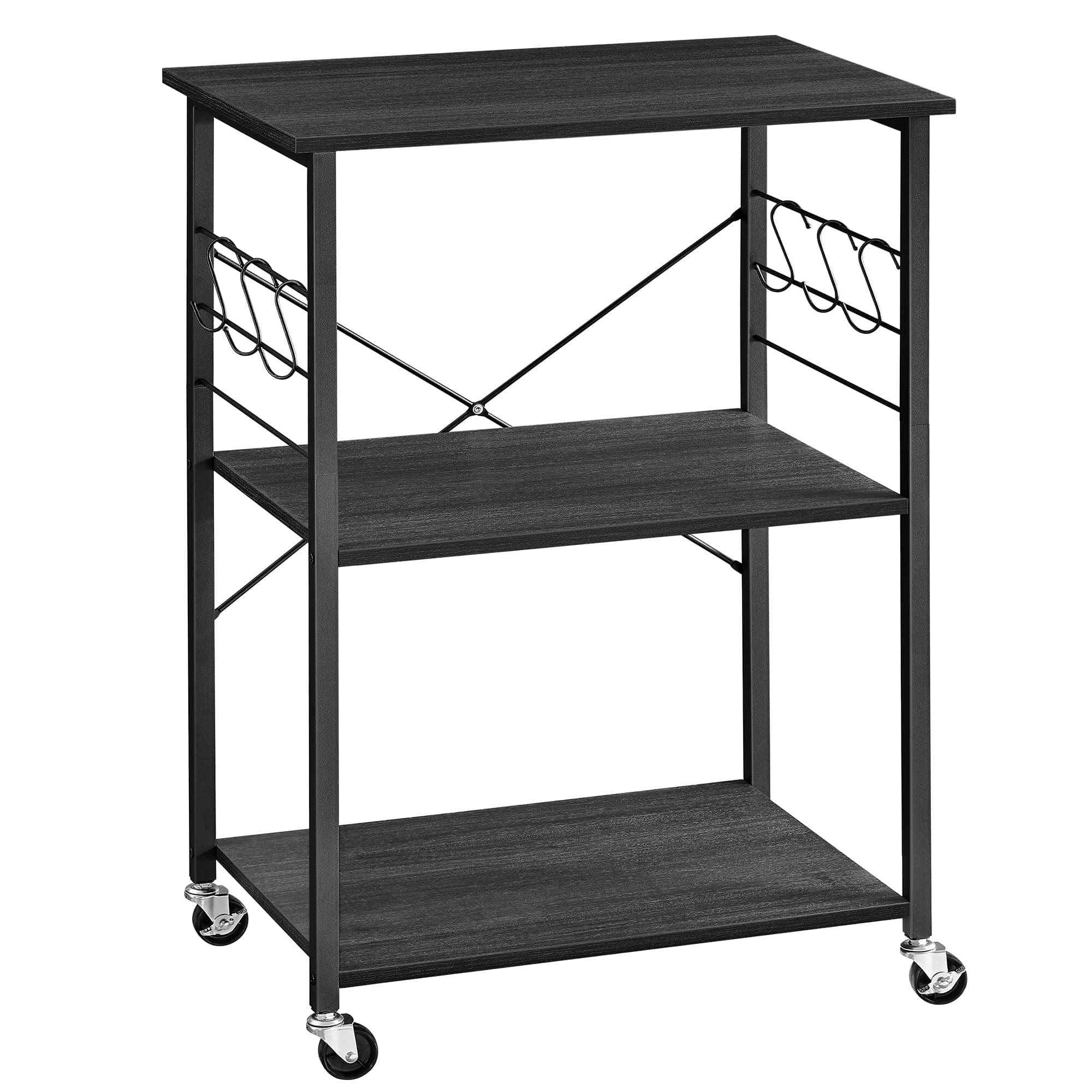 VASAGLE Carrello da Cucina con Rotelle, Carrello di Servizio con 3 Ripiani, Scaffale per Microonde, Struttura Metallica con 6 Ganci, 40 x 60 x 89 cm, Nero Ebano e Nero Inchiostro KKS060B42