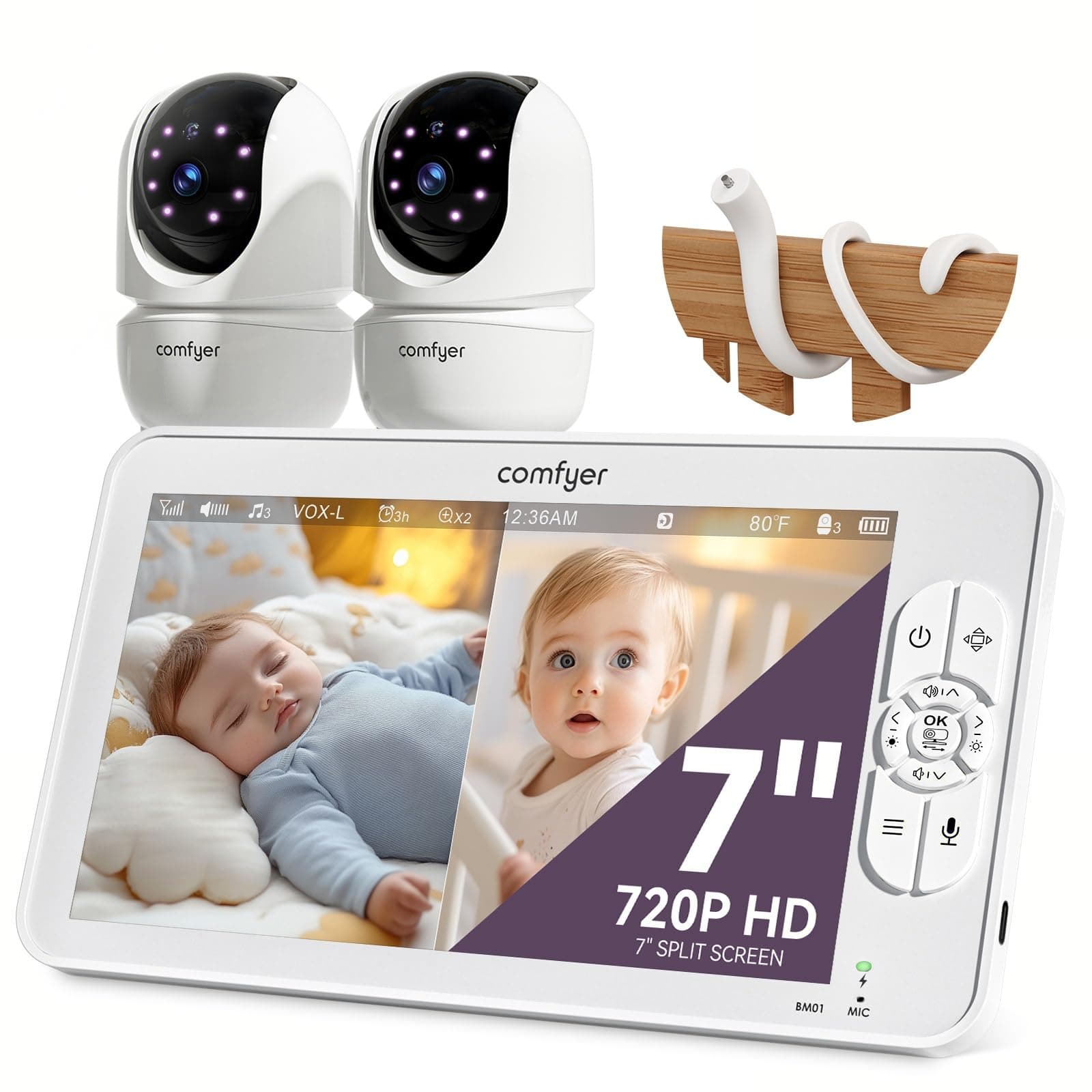 Comfyer Vigilabebés con 2x Cámara, 6000mAh Camara Vigilancia Bebe Inteligente con Pantalla LCD de 7", VOX, Zoom 2X 4X, Visión Nocturna, Monitoreo de Temperatura, Despertador, Comunicación Bidirecciona