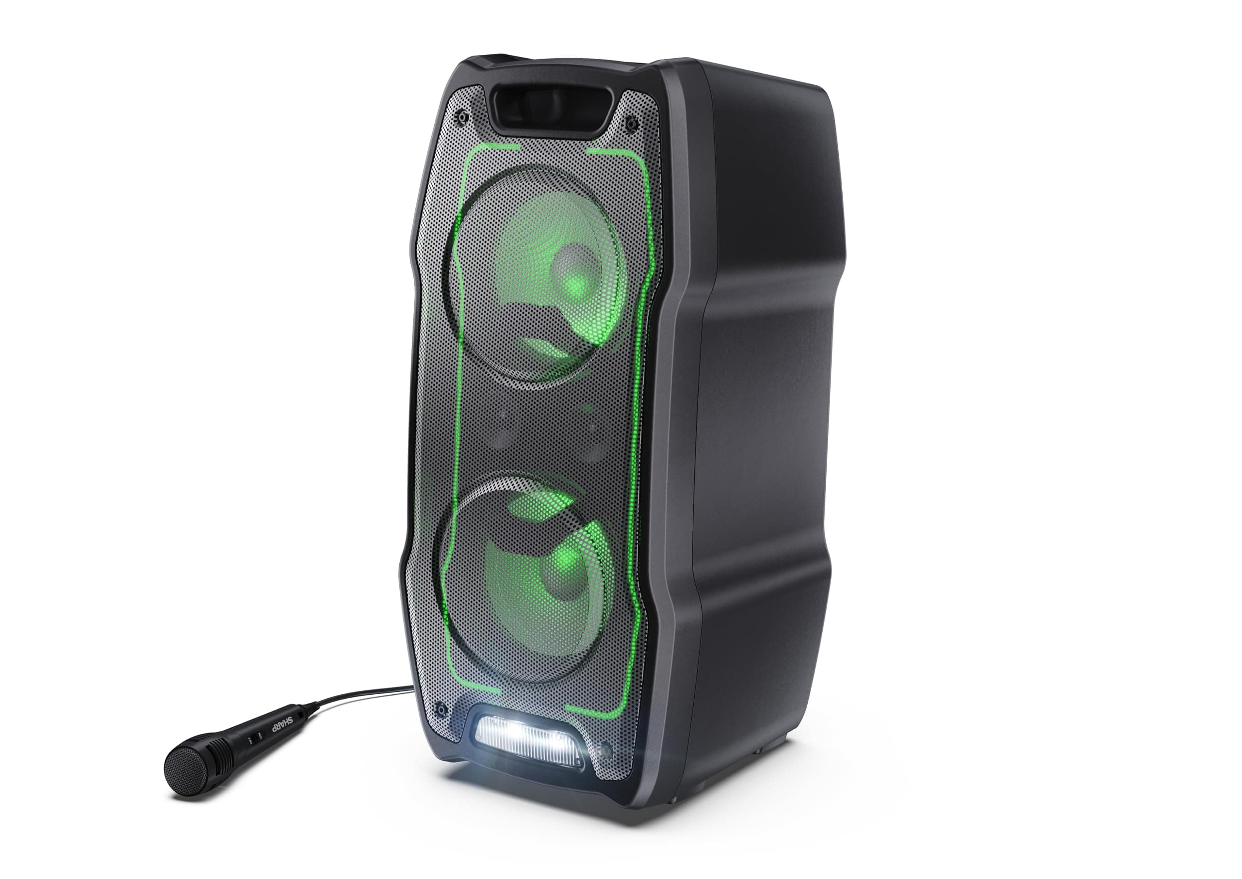 Sharp PS-931 Party Speaker, microfono, TWS, Bluetooth, 2xUSB, 2 porte da 6,3 mm per microfono e chitarra, luci multicolori, 180W P.maxima, batteria litio integrata con fino a 13 ore di riproduzione