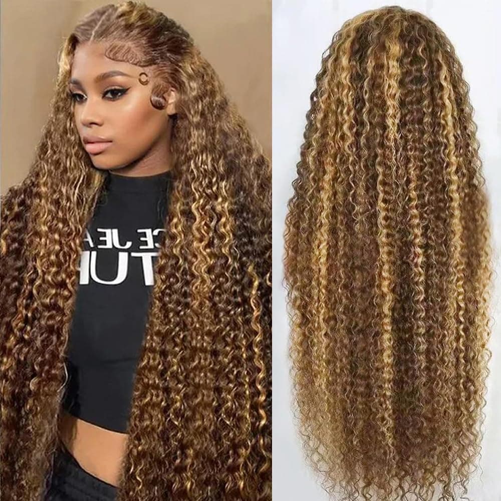 34 Pouces Honey Blonde Deep Wave Lace Front Wig Human Hair 13x6 HD Lace Front Wig 200% Density 4/27 Colored Highlight Pre Plucked Brazilian Virgin Wigs Perruque Femme Naturelle