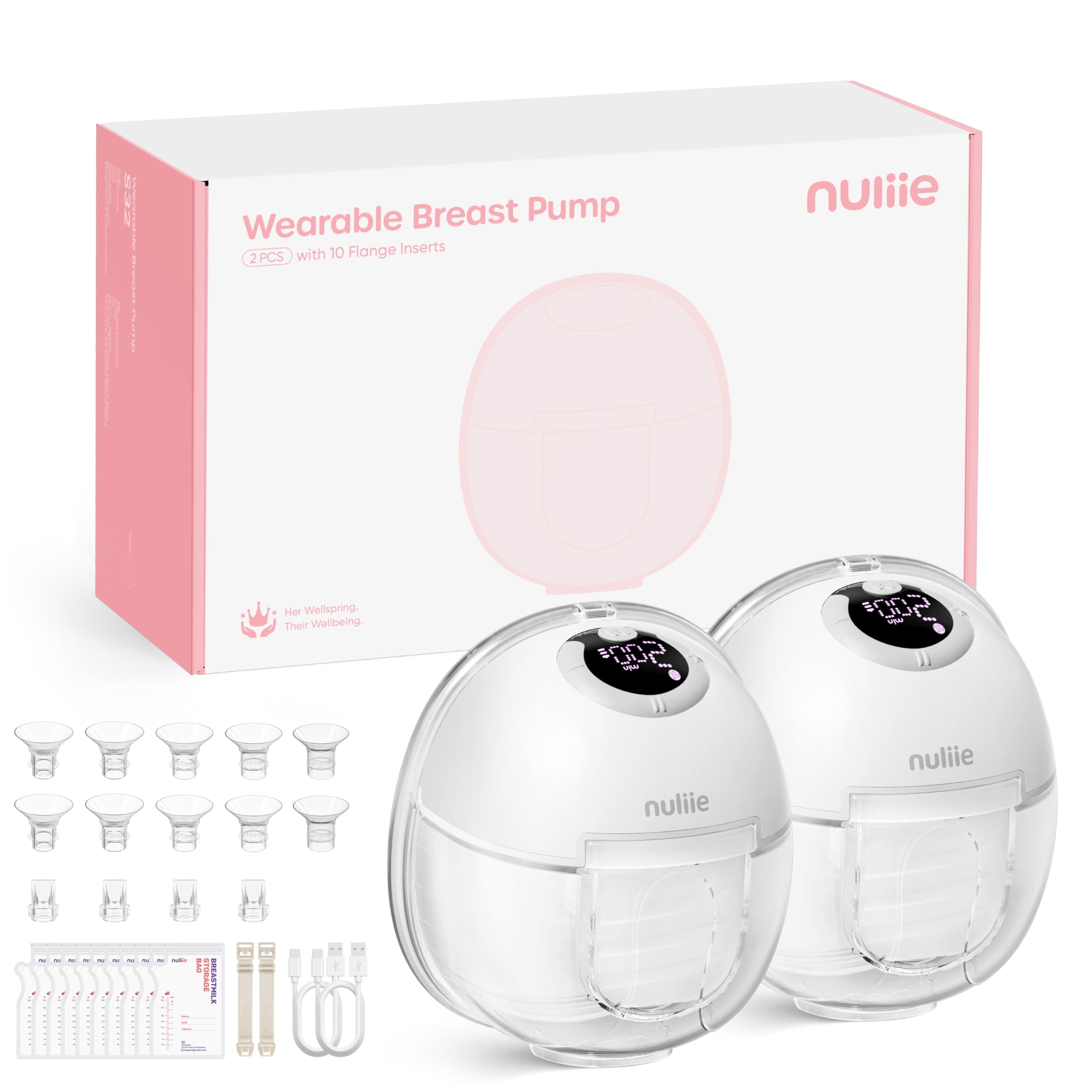Nuliie Tire Lait Electrique Main Libre, Tire Lait Main Libre avec 4 Modes, 9 Niveaux, Fonction Mémoire, Extracteur de Lait Rechargeable avec Affichage LED, Poids léger - 24mm (2 Paquets, Blanc)