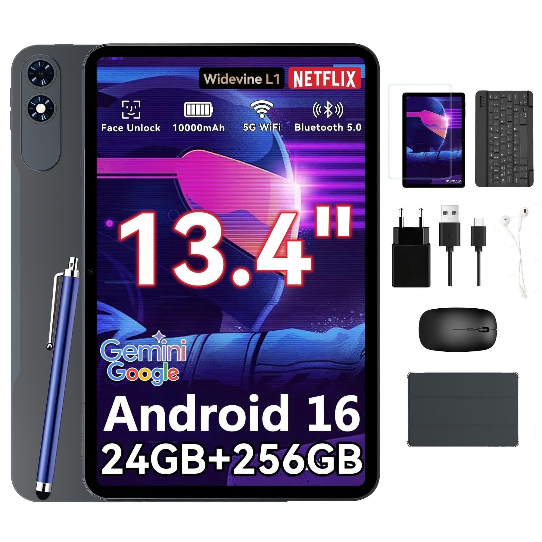 TABWEE T60 Pro Tablette 13,4 Pouces Android 15 avec Clavier, Affichage 120 Hz, 24GB RAM 256GB ROM (2TB TF), 10000mAh Batterie 18W Charge Rapide, Widevine L1, 5G WiFi, Octa-Core Tablet pour Le Travail