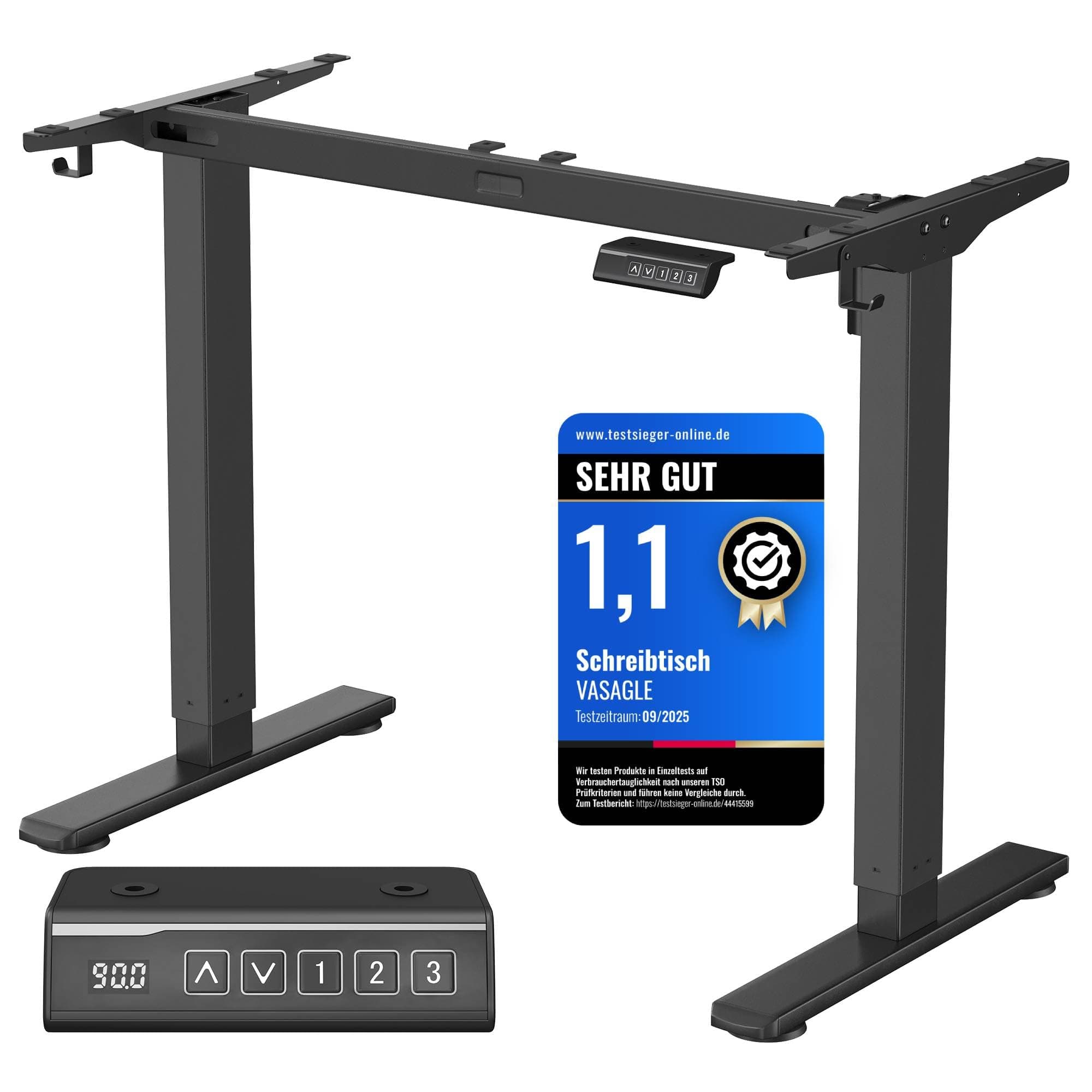 VASAGLE Höhenverstellbarer Schreibtisch elektrisch, Tischgestell, Schreibtischständer, ohne Tischplatte, mit 2 Haken, Memory-Funktion mit 3 Höhen, Stahl, tintenschwarz LSD021B01V2