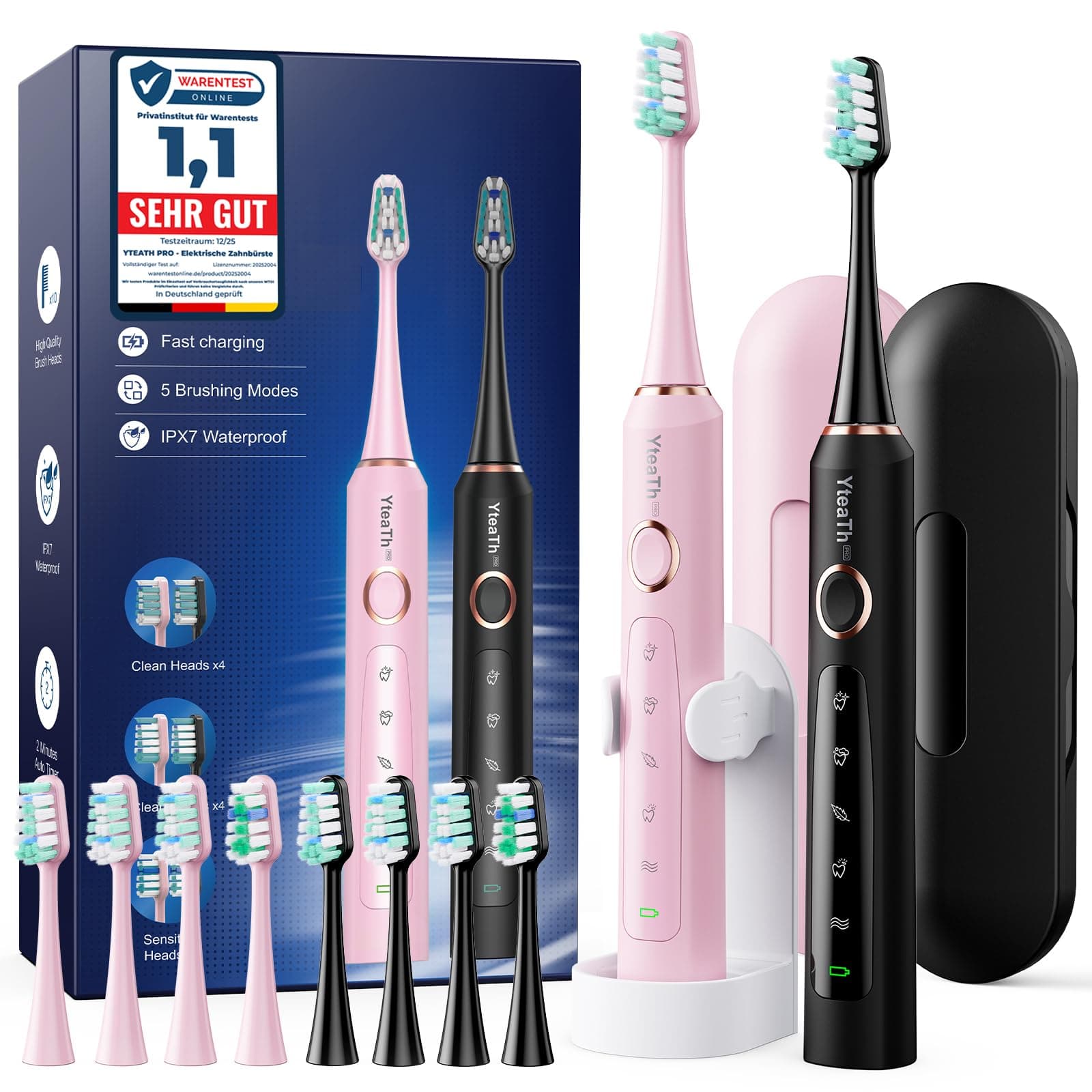 Brosse À Dent Électrique Soniques Adultes - Lot De 2 Brosse A Dent Sonique avec 10 Têtes de Brosse et Étui de Voyage, 5 Modes, Étanche IPX7, Brosse A Dent Electrique, Noir et Rose