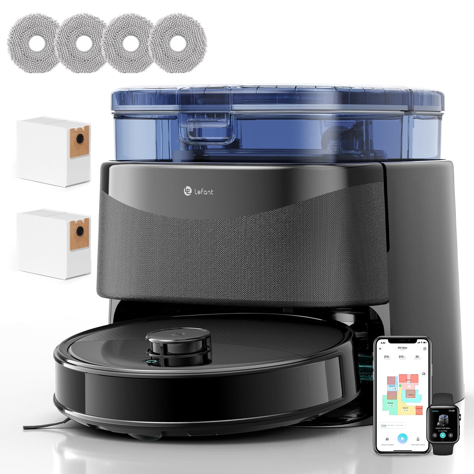 Lefant M3 Robot Aspirateur Laveur 12 000 Pa avec Station Tout-en-Un, Double Serpillière Rotative 200 TR/Min, Navigation dToF, Évitement PSD, Auto-vidage, Séchage, WiFi/App/Alexa