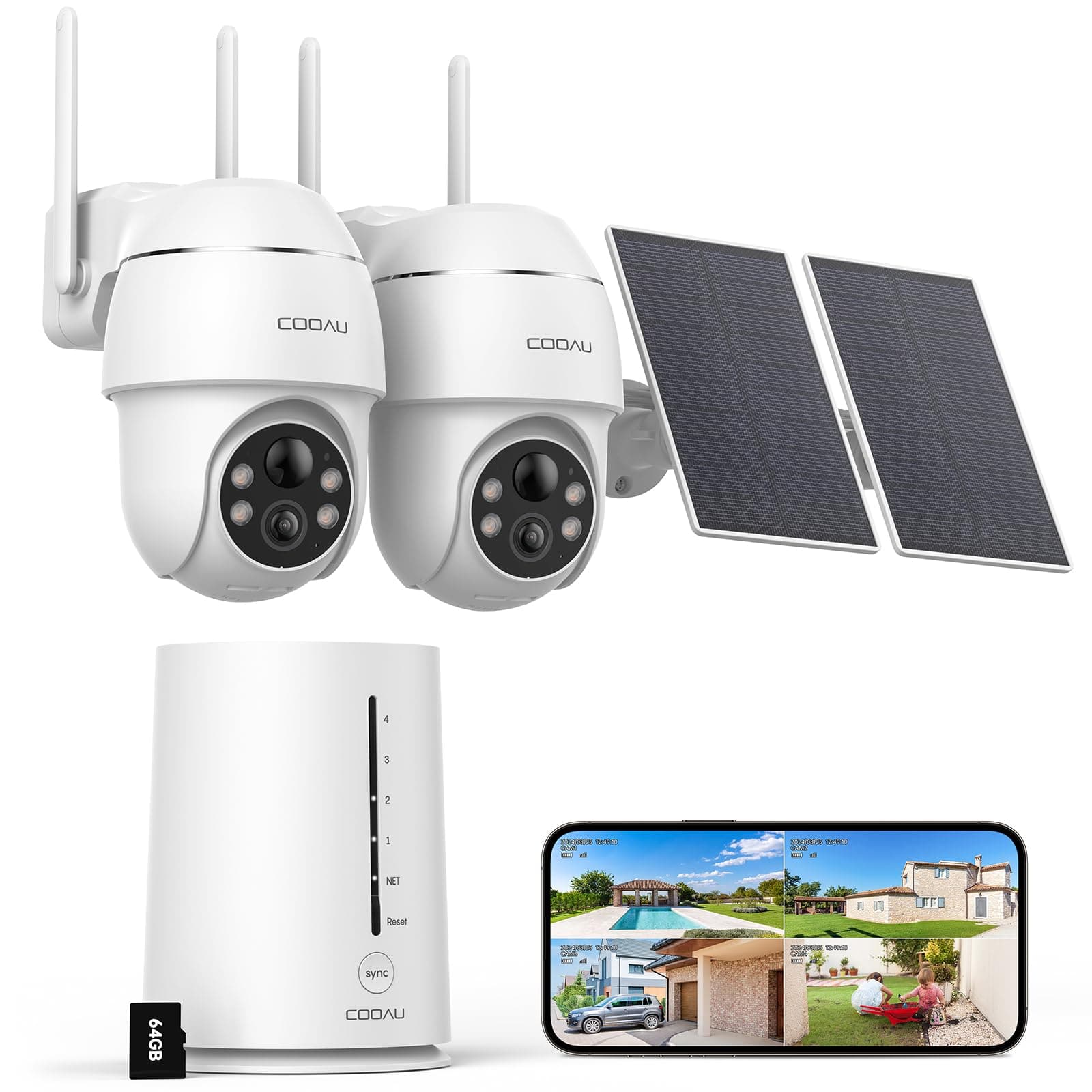 COOAU 4MP Kit Camara vigilancia WiFi Exterior Solar, 2,5 K Camara Seguridad sin Costo Mensual con Memoria Local de 64 GB, H.265 Tecnología 360 Grados Conjunto de 2 Cámaras Visión Nocturna en Color