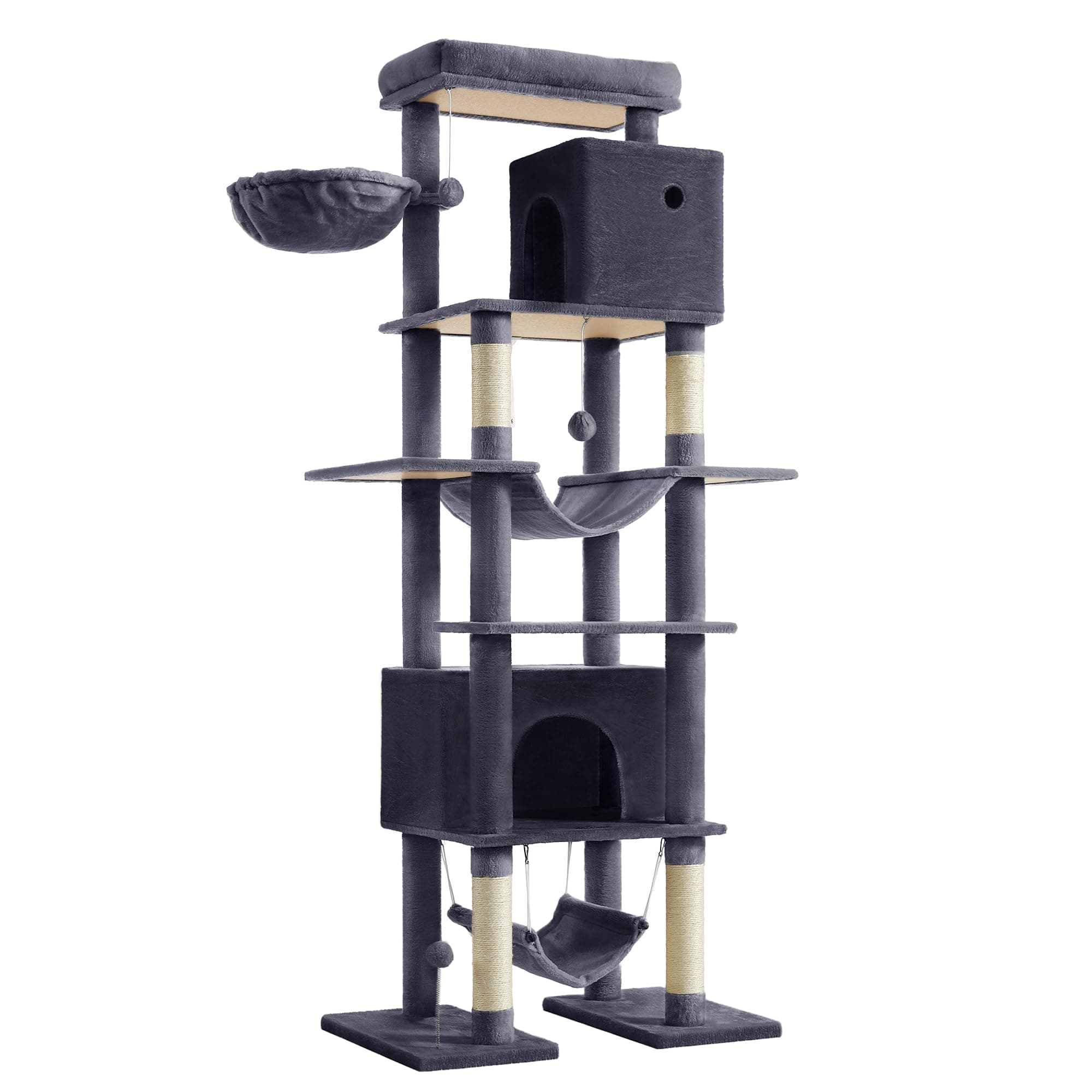 Feandrea Arbre à Chat 201 cm, Forme de Tour, Taille XXL, Multi-Niveaux, 1 Plateforme, 1 Panier, 2 Niches, 2 Hamacs, Dispositif Anti-Basculement, Gris Foncé PCT195G02