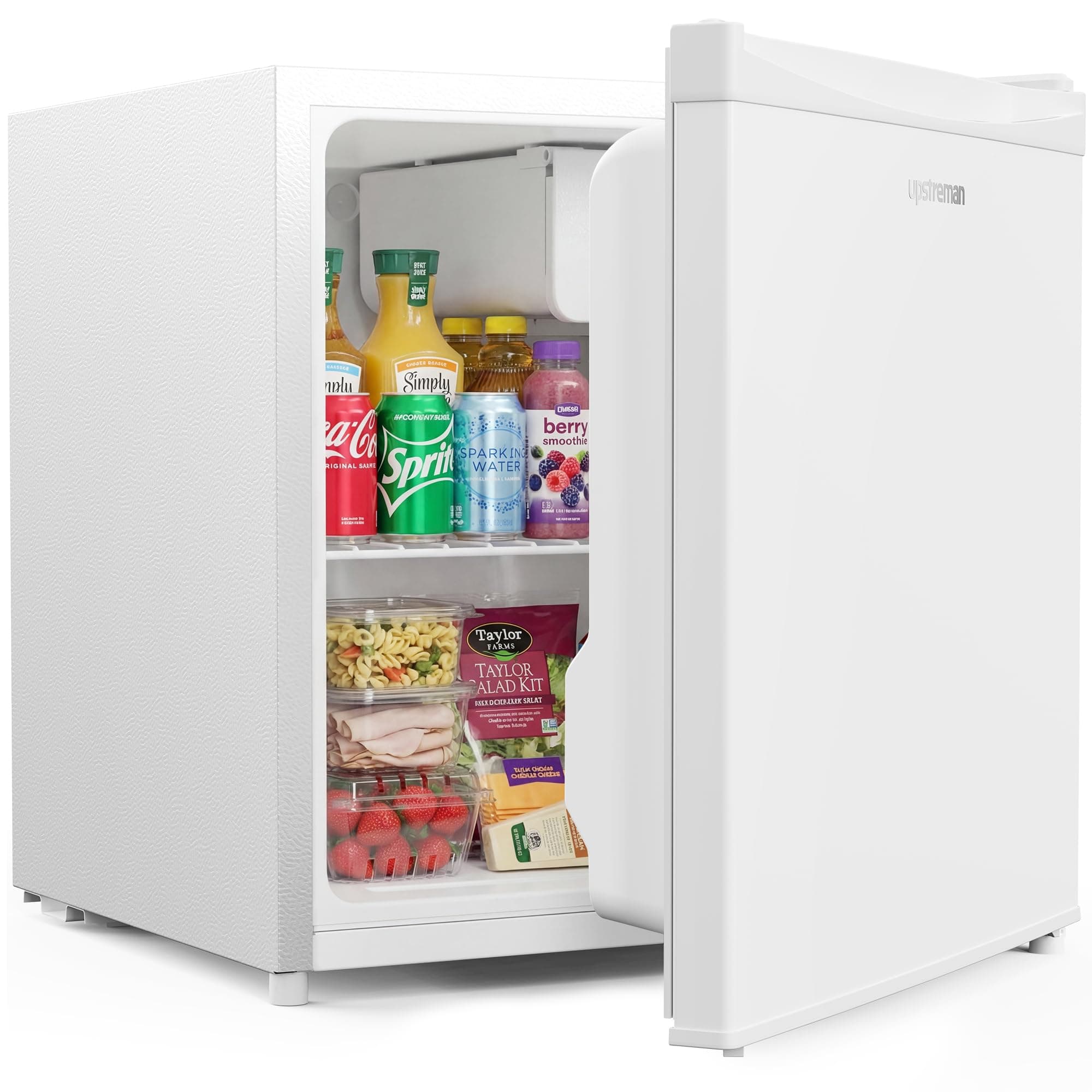 Upstreman Mini Nevera 46L, Mini Frigorífico, Eficiencia, Silencioso Nevera Pequeña, 5 Niveles de Temperatura Ajustable, Compacto para Oficina, Dormitorio o Cocina, Mini Bar Blanco-FR17