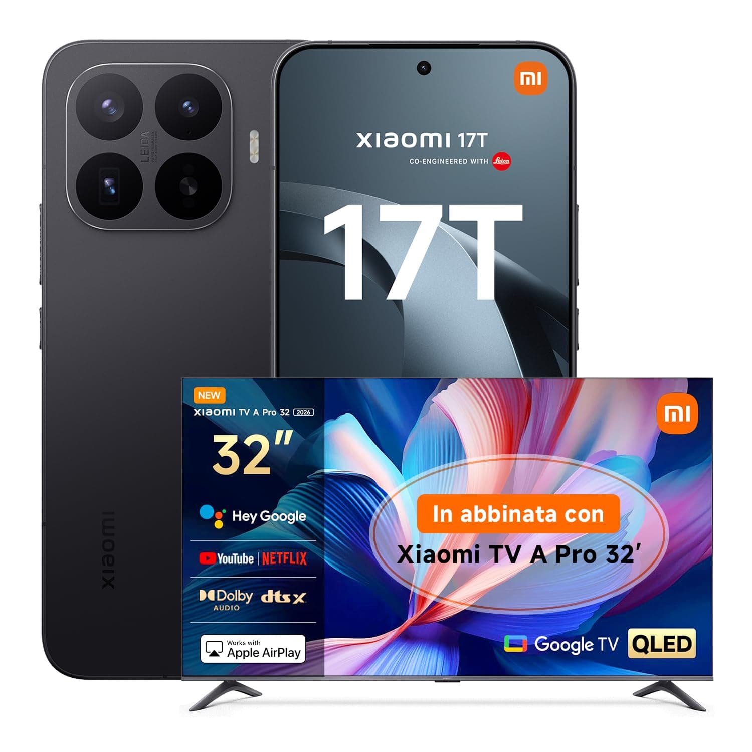 Xiaomi 17T, Smartphone 12+256GB, Display Eye-Care da 6,59" 120Hz, Batteria da 6500mAh (typ), Teleobiettivo Leica 5x, 67W HyperCharge, MediaTek Dimensity 9500, Black, Garanzia 3 anni+Xiaomi TV A PRO 32
