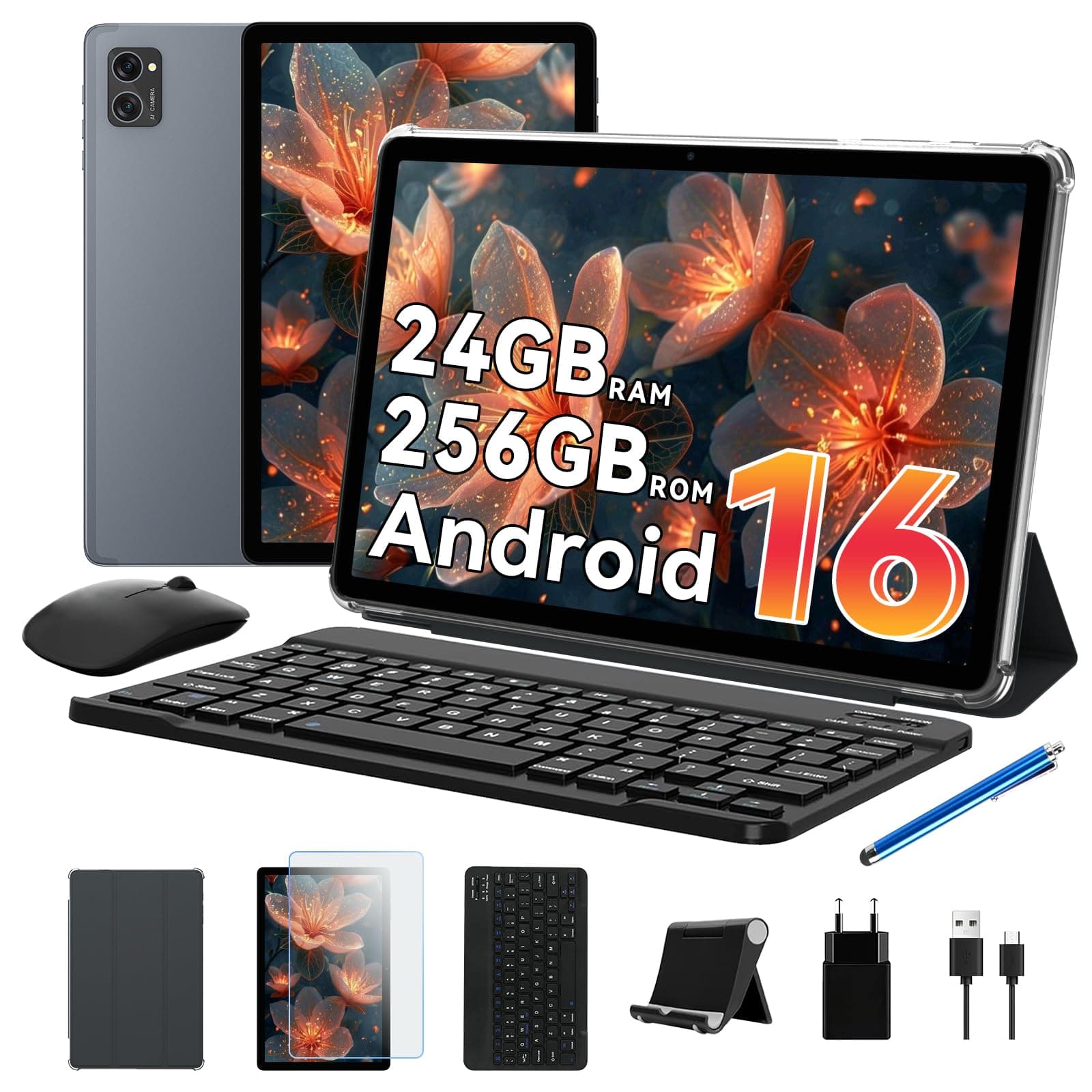 TABWEE Android 16 Tablet con Teclado y Lapiz - 24 GB RAM+ 256 GB ROM(4 TB TF), Octa-Core, Gemini AI, Tablet 10 Pulgadas, Widevine L1, 5000mAh, 8MP+5MP, Face ID, GPS