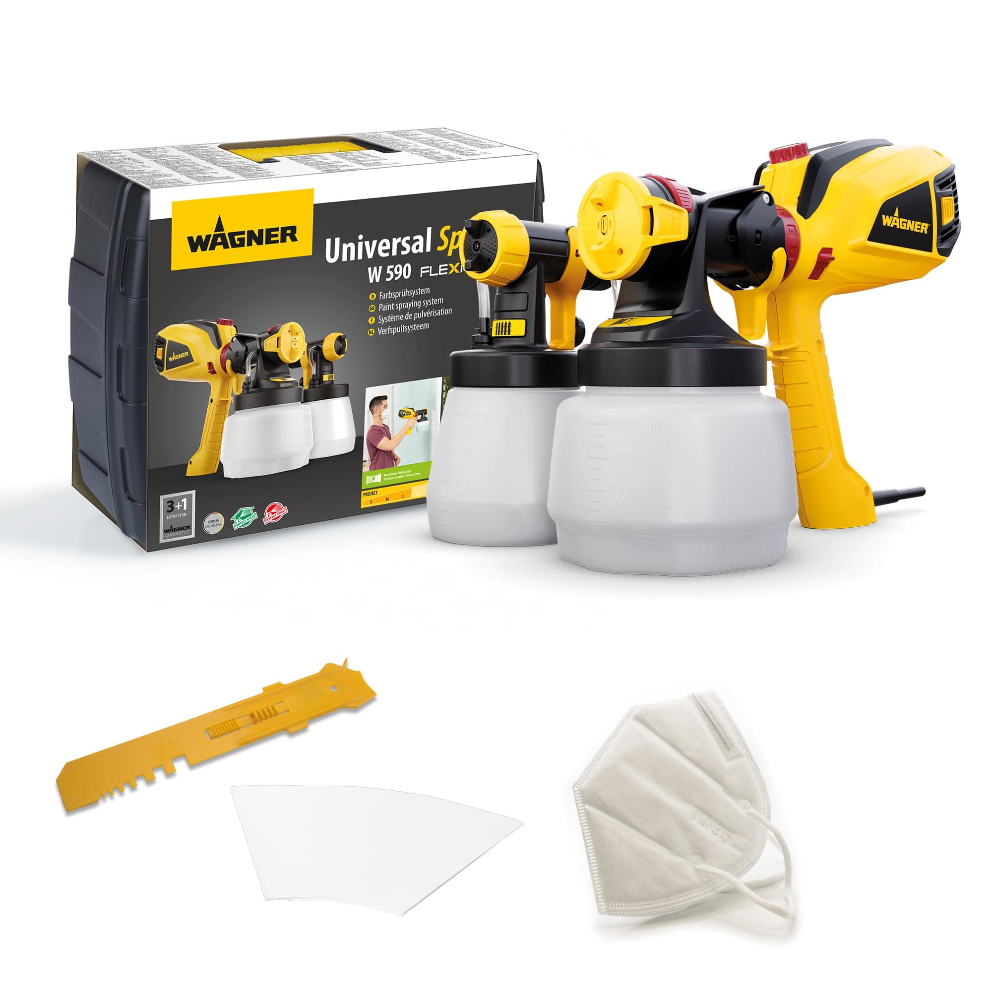 WAGNER Farbsprühsystem W 590 FLEXiO für Wand- und Latexfarben, Lacke & Lasuren im Innen- & Außenbereich, 15 m²-6 min, Behälter 1300 ml/800 ml, 630 W