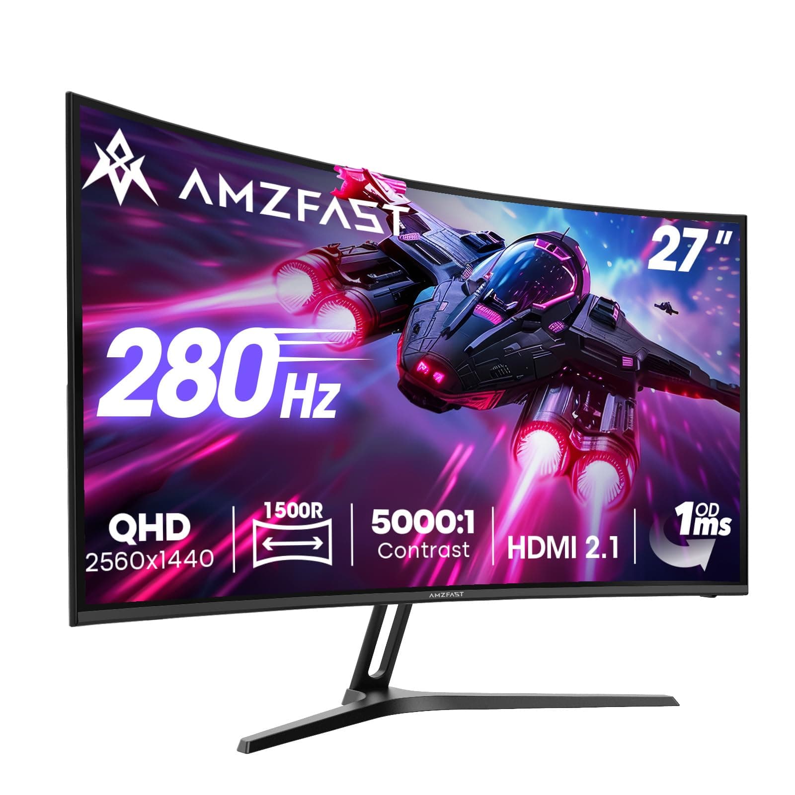 Amzfast Écran PC Gaming 27 Pouces Incurvé, 2K QHD(2560 x 1440), 280Hz Moniteur, 1ms MPRT, 1500R, sRGB 135%, Adaptive Sync, Low Blue Light, VESA 100 * 100, HDMI 2.1 * 2/DP 1.4 * 1, AMZG27C1Q Pro