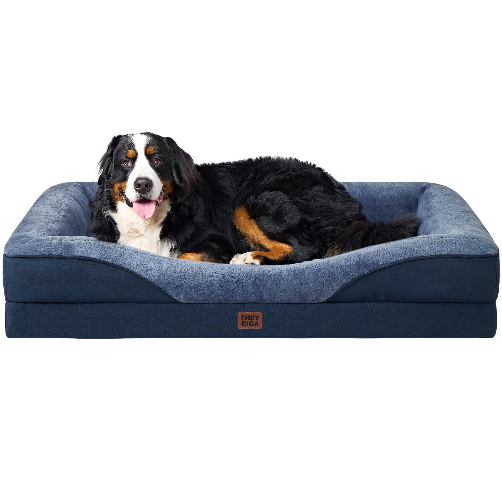 EHEYCIGA Mousse Mémoire Panier Chien XXL Orthopédique, Canapé pour Chien Grande Taille Déhoussable Lavable, Coussin Chiens Antidérapant & Imperméable, 132x104x20 cm Bleu Marine