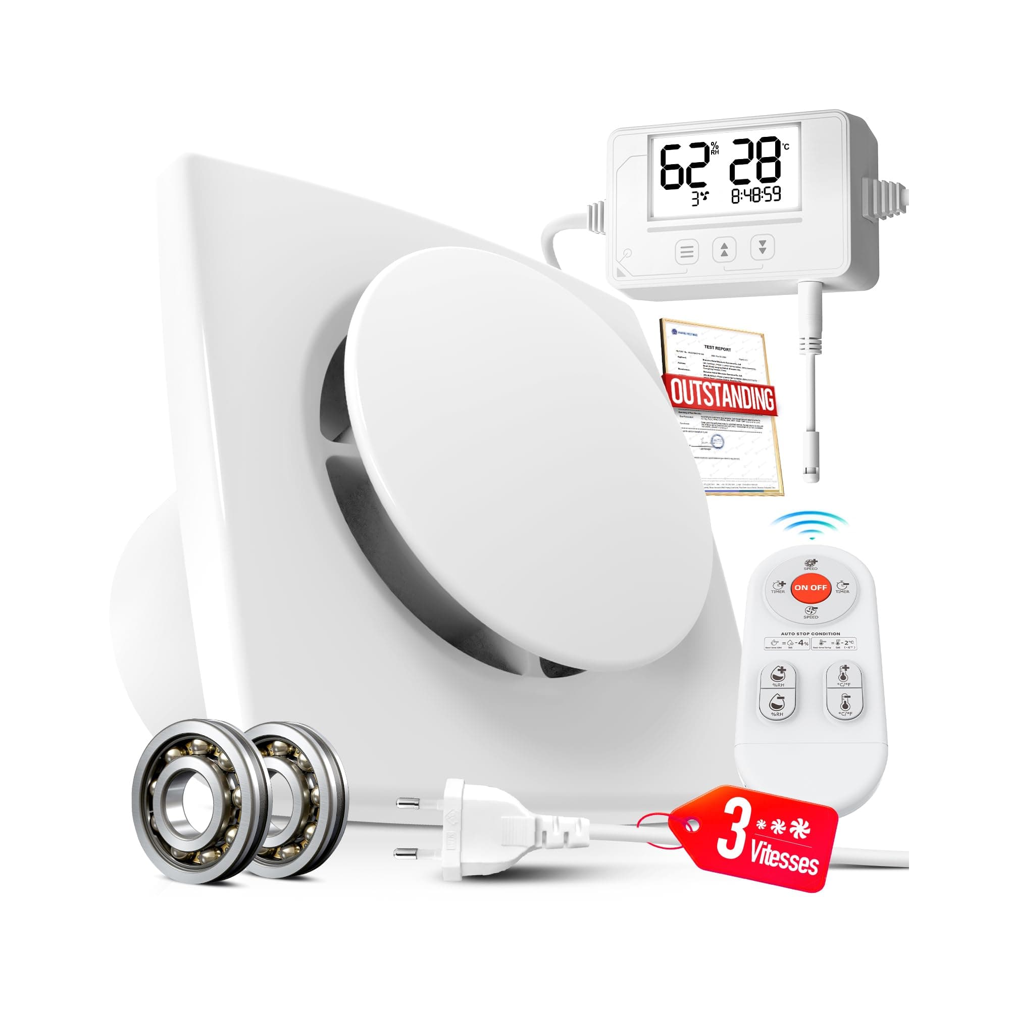 SBONNI 3 Vitesses Extracteur d'Air Automatique Détecteur Humiditer et Température, Minuterie, Télécommande, 100mm VMC Salle de Bain Hygroréglable, Silencieux et Puissant Ventilation P119
