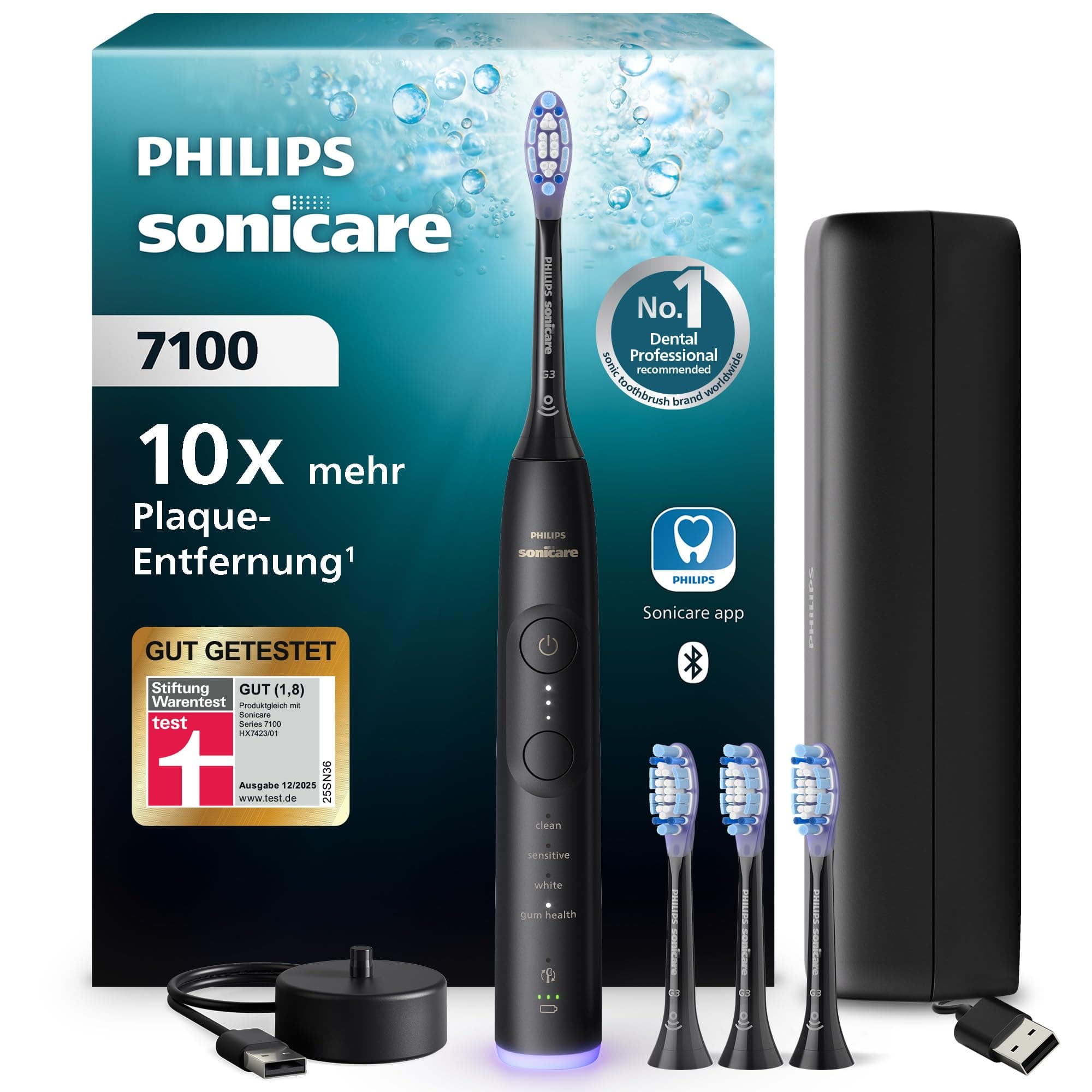 Philips Sonicare 7100 elektrische Zahnbürste, Schallzahnbürste mit App, 4 Putzmodi und 3 Intensitätsstufen, Andruckkontrolle, EasyStart, SmarTimer, Schwarz, Modell HX7421/08 [Neue Technologie]