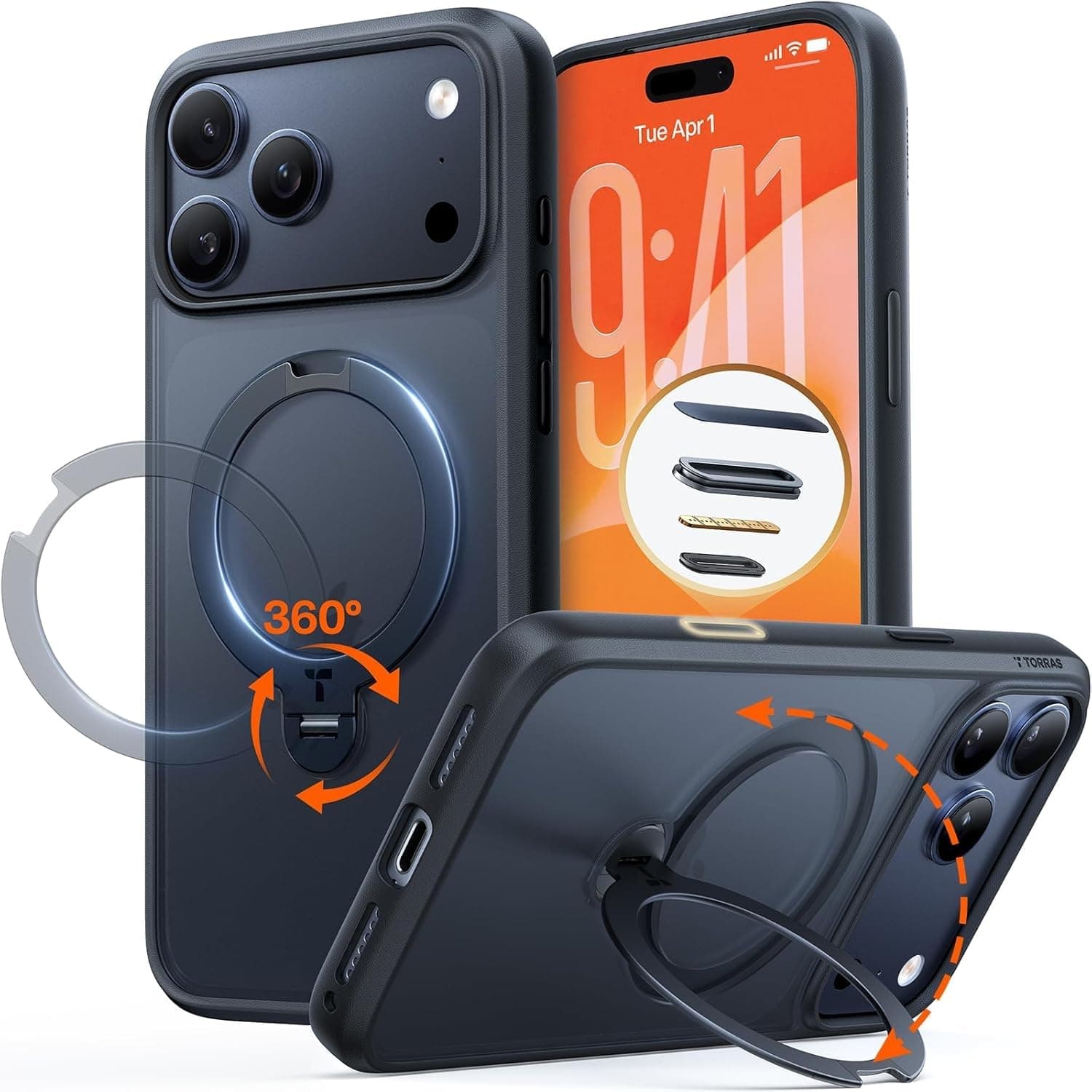 TORRAS Ostand Q3 Spin für iPhone 17 Pro Hülle (360°Stabilen Ständer für Magsafe) Militärschutz Handyhülle für iPhone 17 Pro Case mit Kamera-Tastenschutz Schlank Kratzfeste Matt Rückseite Schwarz