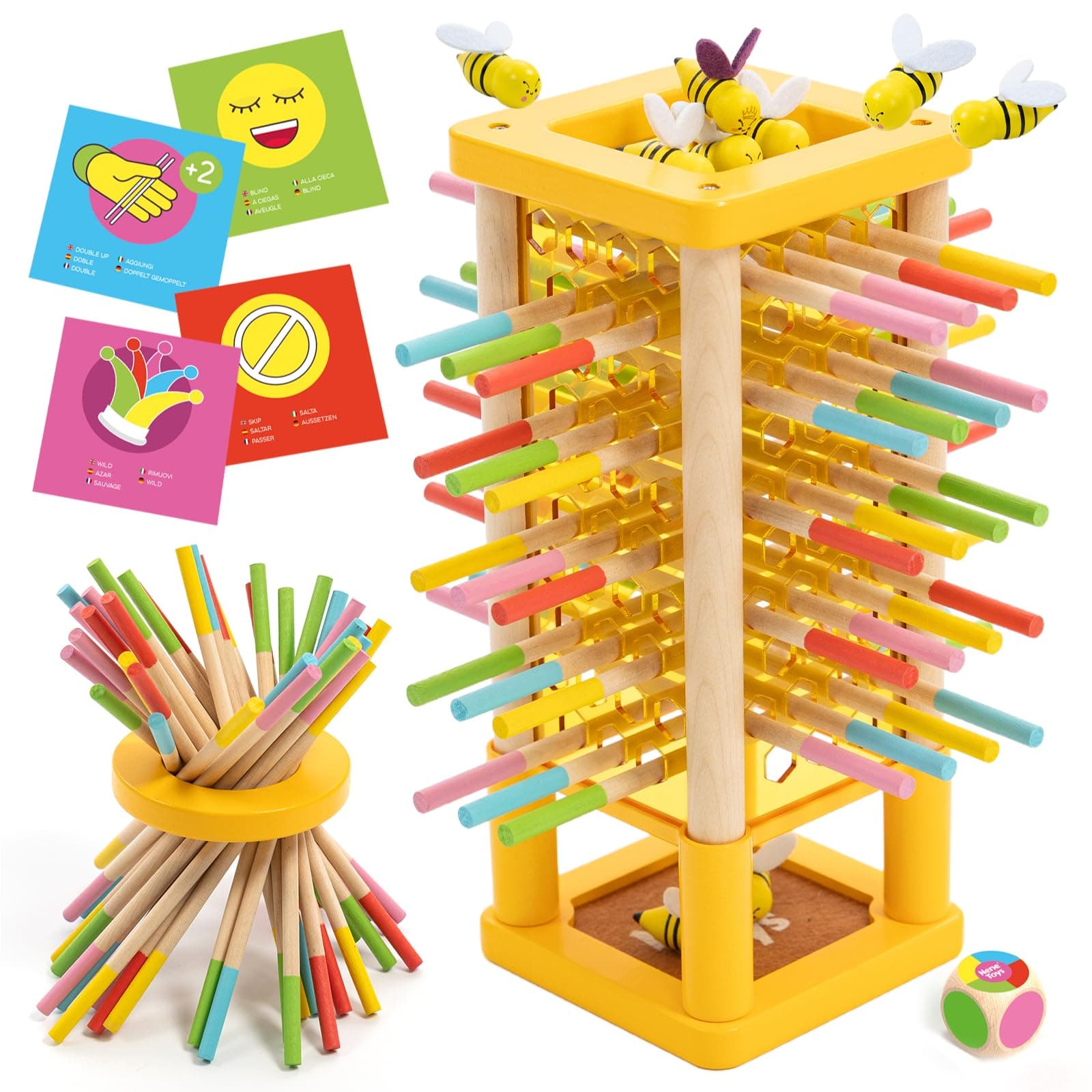 Nene Toys BEEFALL Gioco da Tavolo e di Società Bambini 3 Anni – Torre di Equilibrio in Legno FSC con Api, Bastoncini, Dado e Carte Azione – 4 in 1 (3 modalità + Rainbow Sticks) Montessori