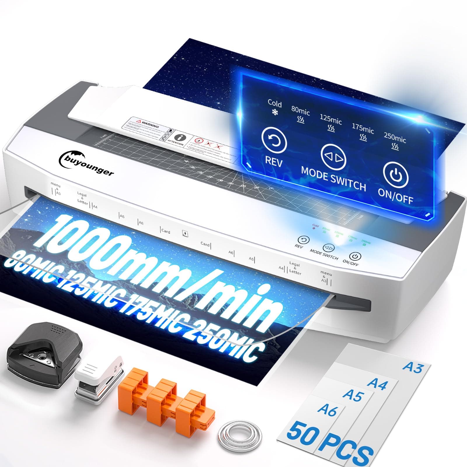 Buyounger Plastificatrice A3 4 Rulli 1000mm/min con 50 Buste | Inversione Automatica, Fogli 80-250mic, Indicatori LED, Vano Porta Accessori, Auto-Spegnimento 30 Minuti