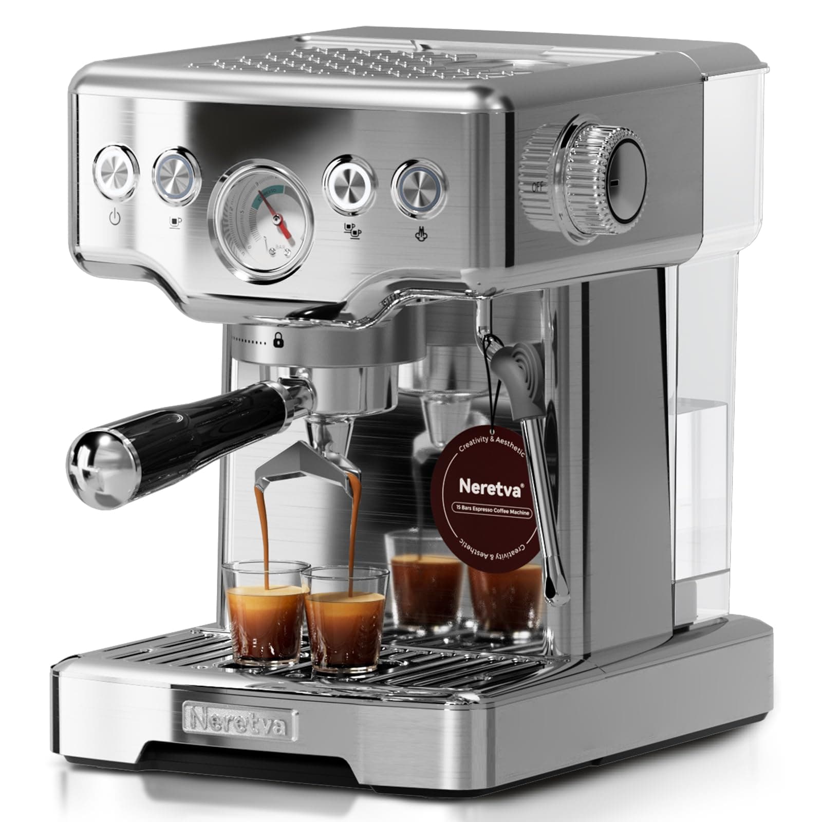 Neretva Cafetera, Cafetera Espresso Profesional Con Manómetro Visible 1450W de Acero Inoxidable Depósito de 1,8L & Vaporizador Coffee Machine Doméstica 15 Bar - Espresso/Latte/Cappuccino/Machiato