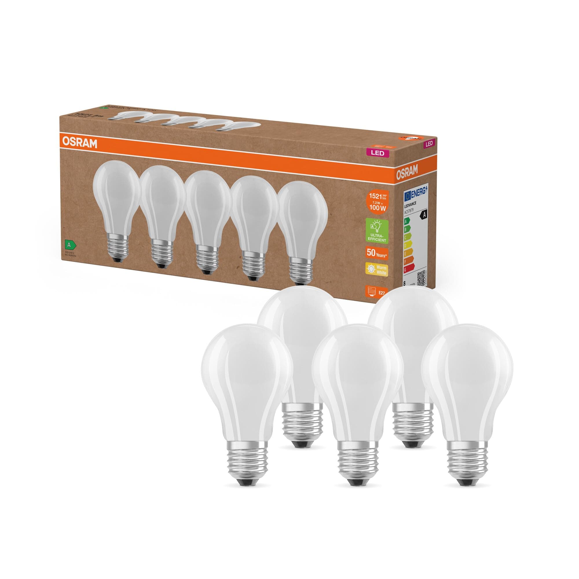 OSRAM Lámparas LED de alta eficiencia con clase de eficiencia energética A, Paquete de 5 bombillas, reemplaza de 100W, blanco cálido (2700K), E27, vidrio mate