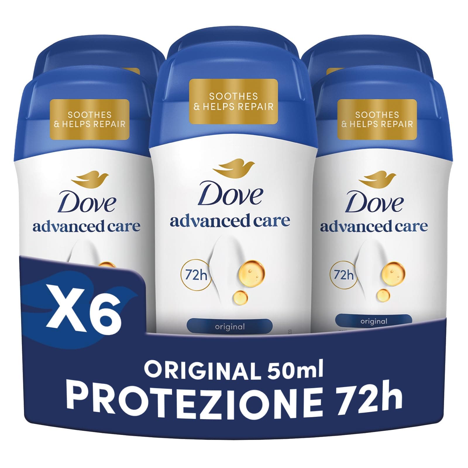 Dove Deodorante Stick Original, Deodorante Antitraspirante in Stick, Protezione Fino a 72 Ore, con Pro-Ceramide Technology e Ingredienti Idratanti, Deodorante Uomo e Donna, 6 Pezzi da 50ml