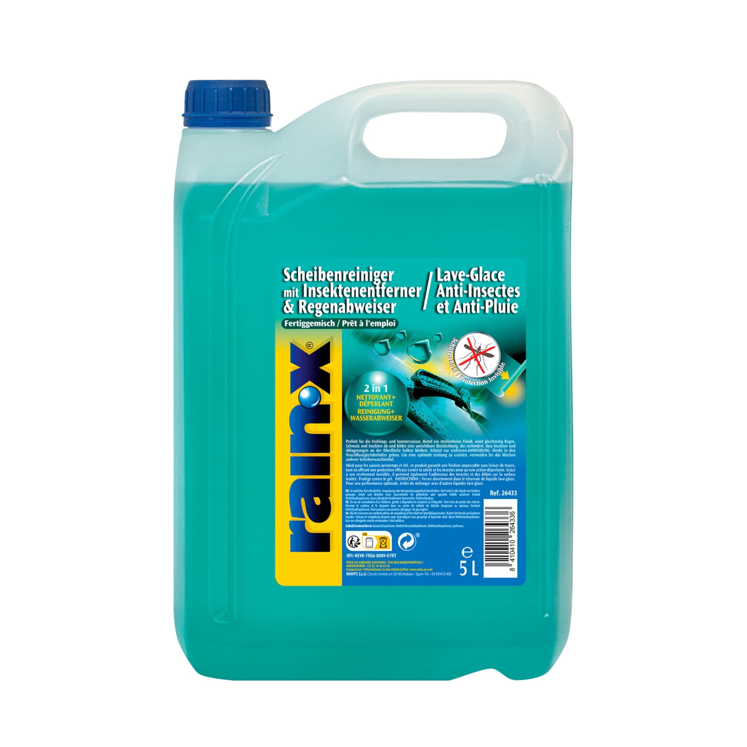 Rain-X Lave-Glace Anti-Insectes et Anti-Pluie – Nettoyage Efficace, Protection Durable et Visibilité Optimale pour Un Conduite en Toute Sécurité – 5L, Vert