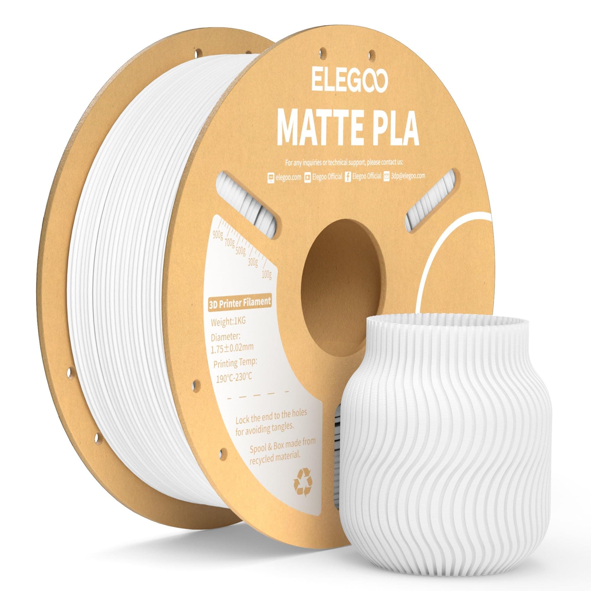 ELEGOO Filament PLA Matte Blanc 1KG, 1.75mm Filament pour Imprimante 3D Précision Dimensionnelle +/- 0.02mm, Bobine de 1kg de carton (2.2lbs) pour la plupart des Imprimantes 3D FDM