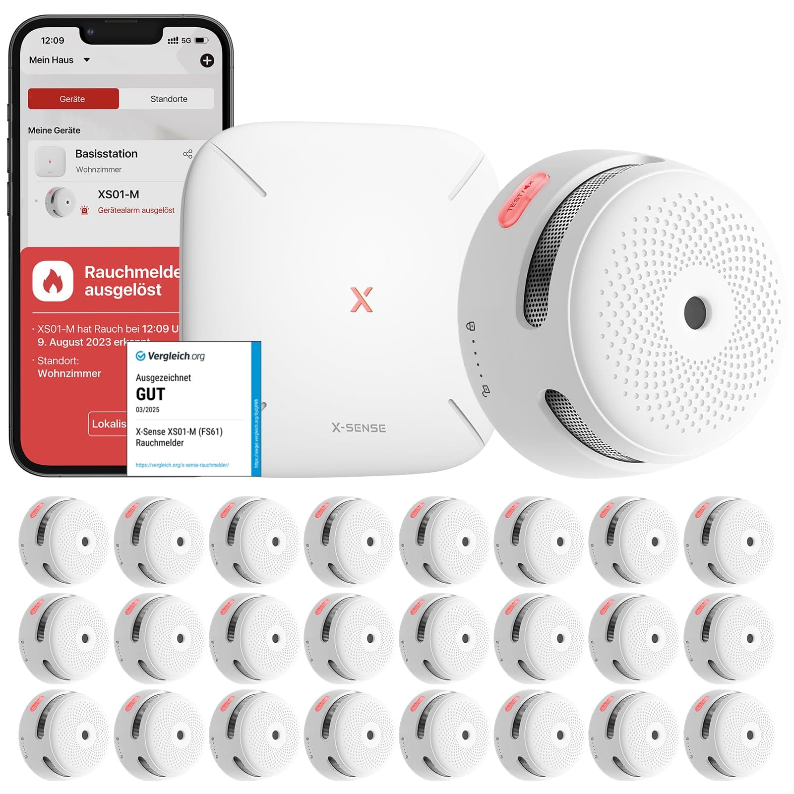 X-Sense Smart Rauchmelder XS01-M mit SBS50 Basisstation, Zertifiziert nach EN 14604, Funkrauchmelder mit WLAN, vernetzbarer Feuermelder, kompatibel mit der X-Sense Home Security App, FS241, 24 Stück