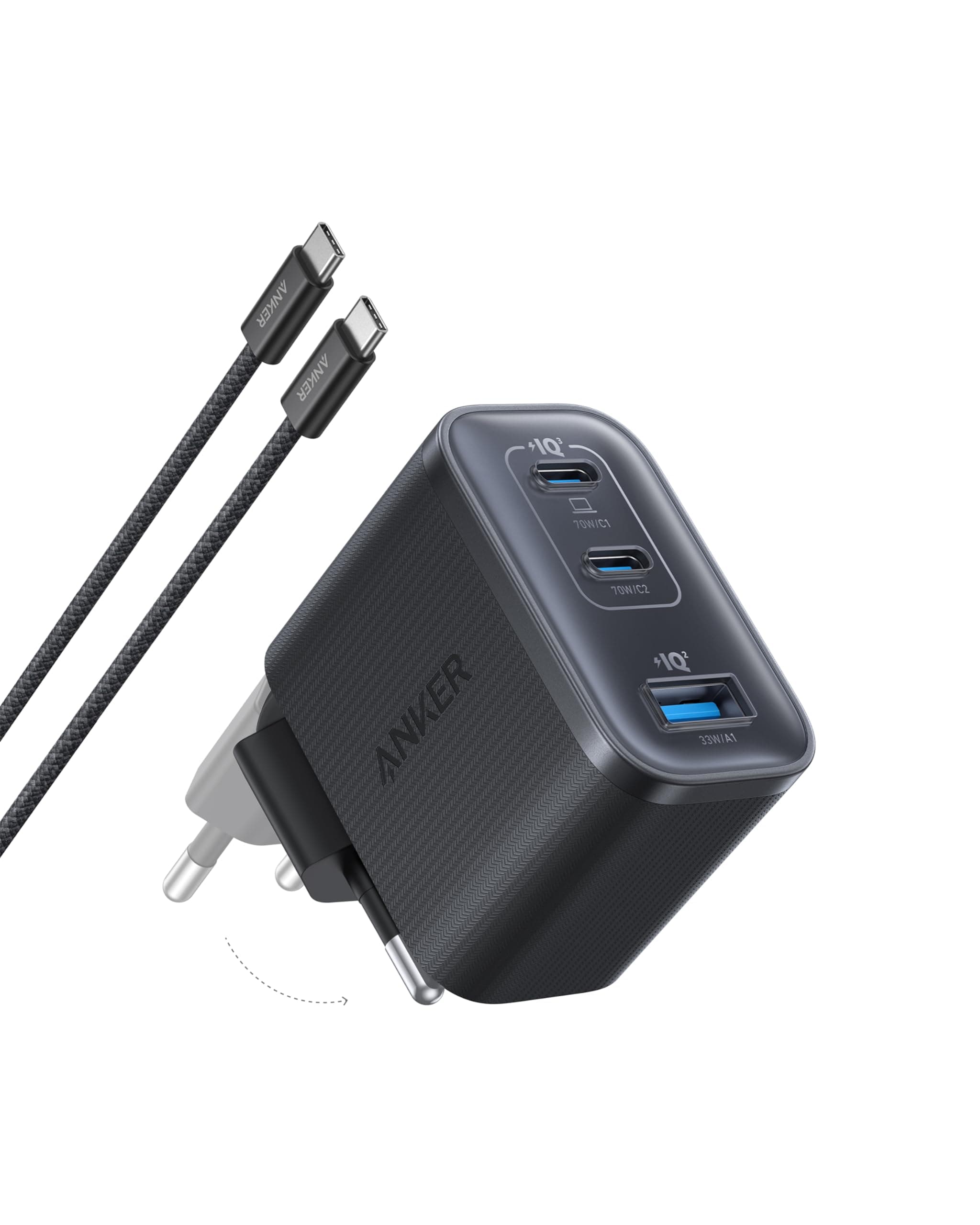 Anker Caricatore USB C 70W, Adattatore di Alimentazione ad Alte Prestazioni con Rapido a 3 Porte, Caricatore PIQ 3.0 per iPhone 17 Pro Max/Serie 16-12, MacBook Pro, iPad, Galaxy, Pixel e Altro (Nero)