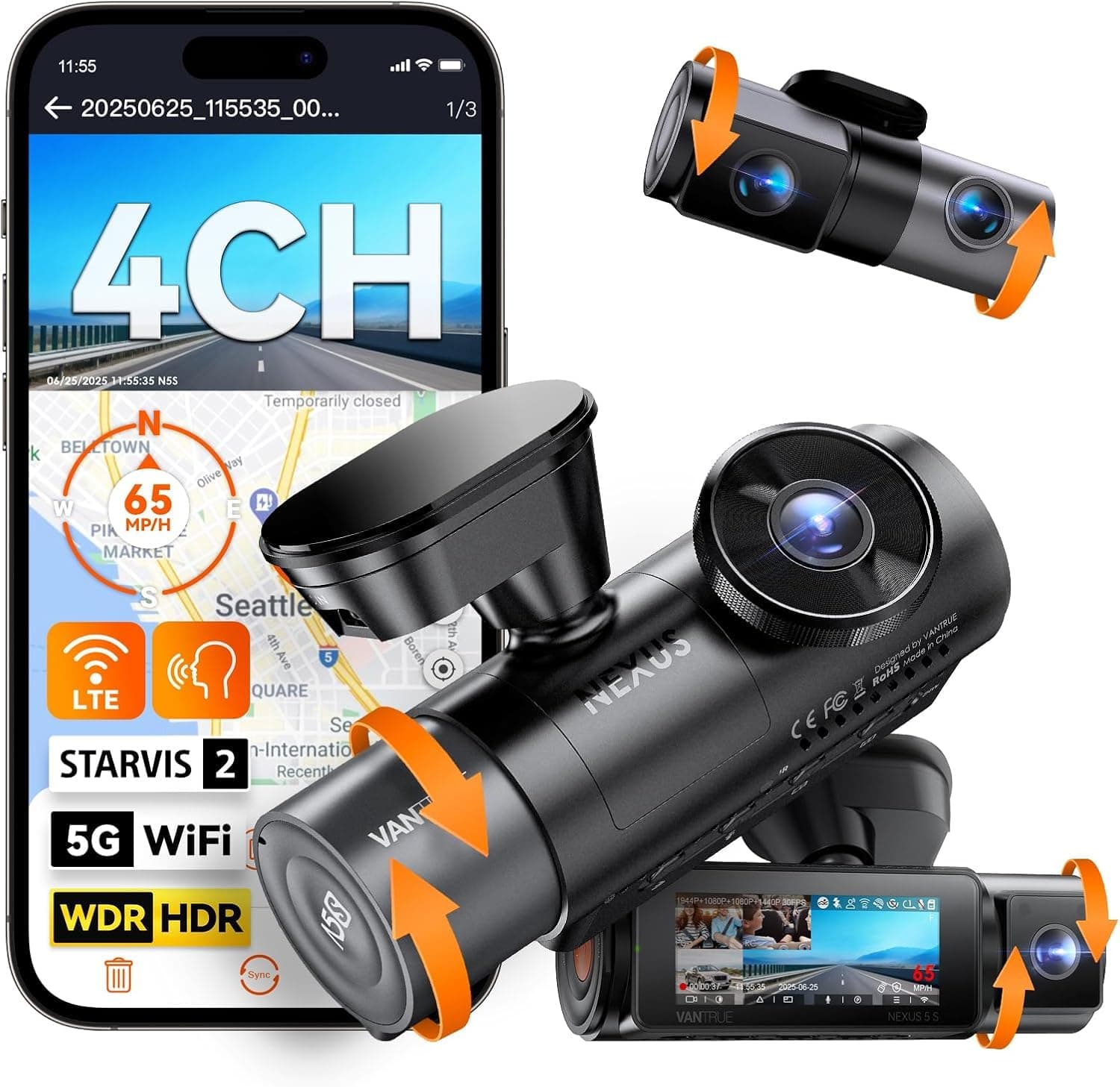 VANTRUE N5S 4-Canaux Dashcam Voiture 2.7K+1080P+1080P+1440P, 360 degrés STARVIS 2 5GHz WiFi GPS Caméra Embarquée, Contrôle Vocale Français 24h. Mode Parking Tampon, Module LTE Optionel, Max 1To