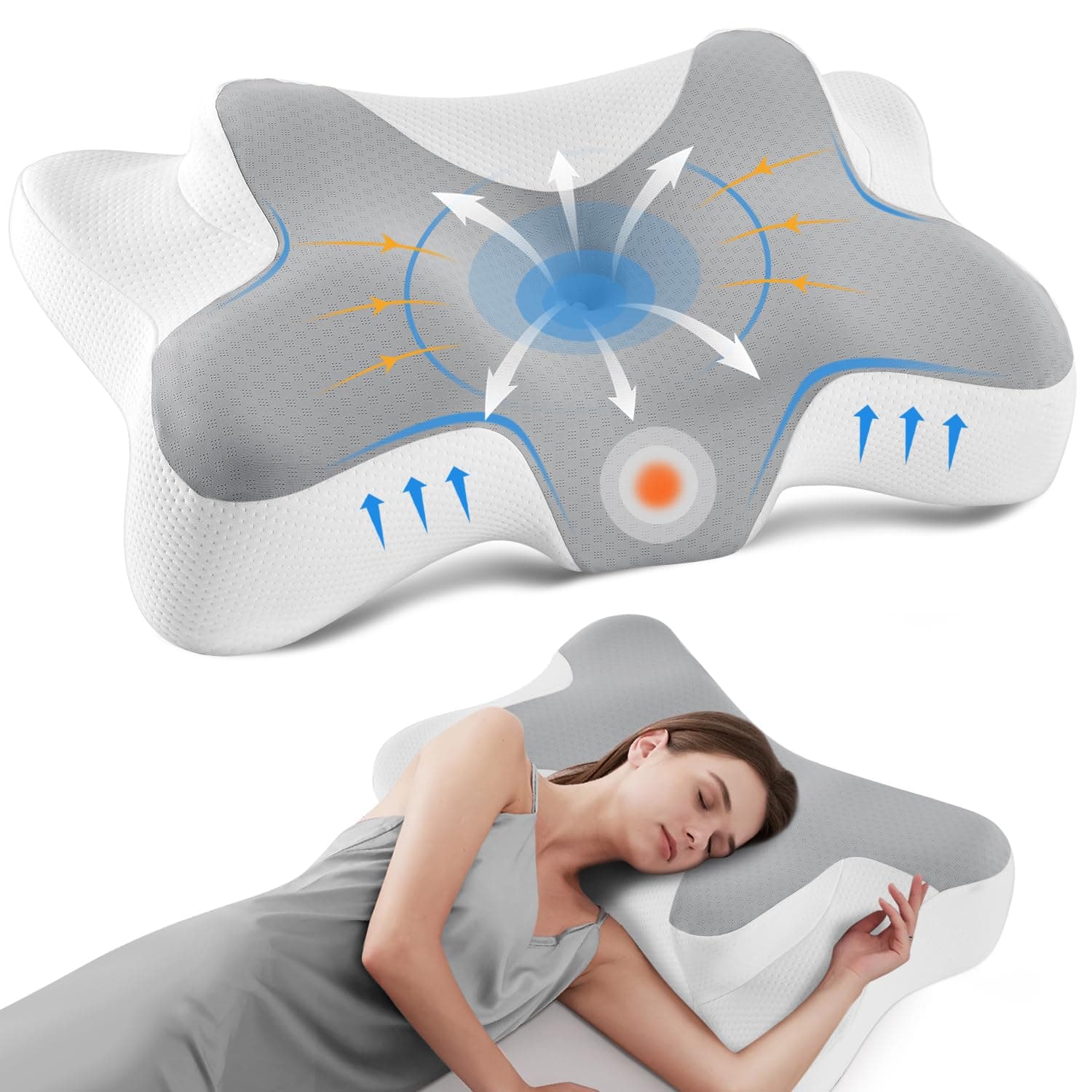 DONAMA Coussins lombaires Oreiller Cervical Ergonomique Mémoire de Forme, Soutien du Cou, pour Dormir sur Le Côté et Le Dos, 66x37x13 cm, Gris Blanc