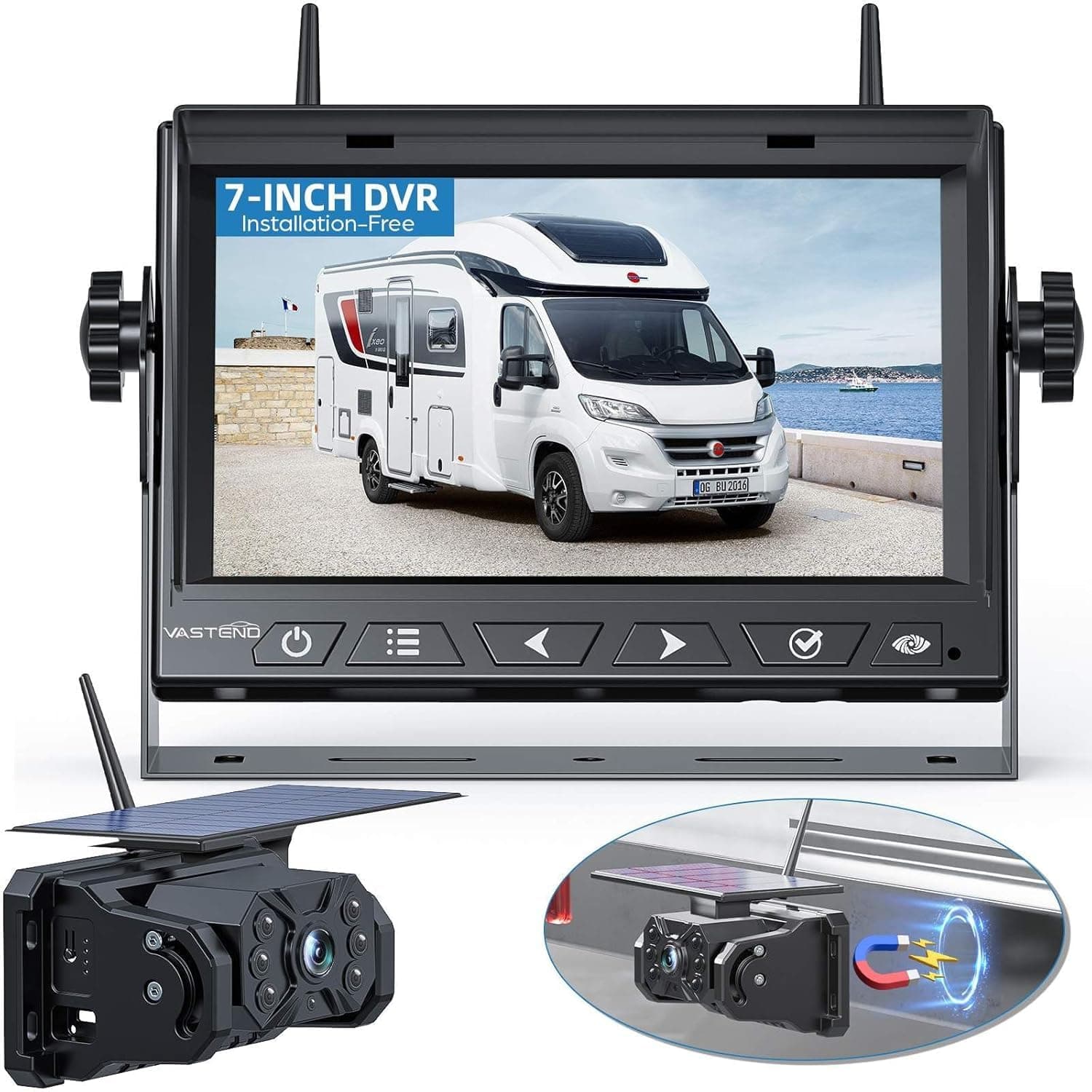 VASTEND Solaire Caméra de Recul sans Fil, 10000mAh Caméra Magnétique à Batterie Rechargeable avec 7" Moniteur, 170° Grand Angle, Installation de Bricolage, pour Camions, Camping Car, Caravane