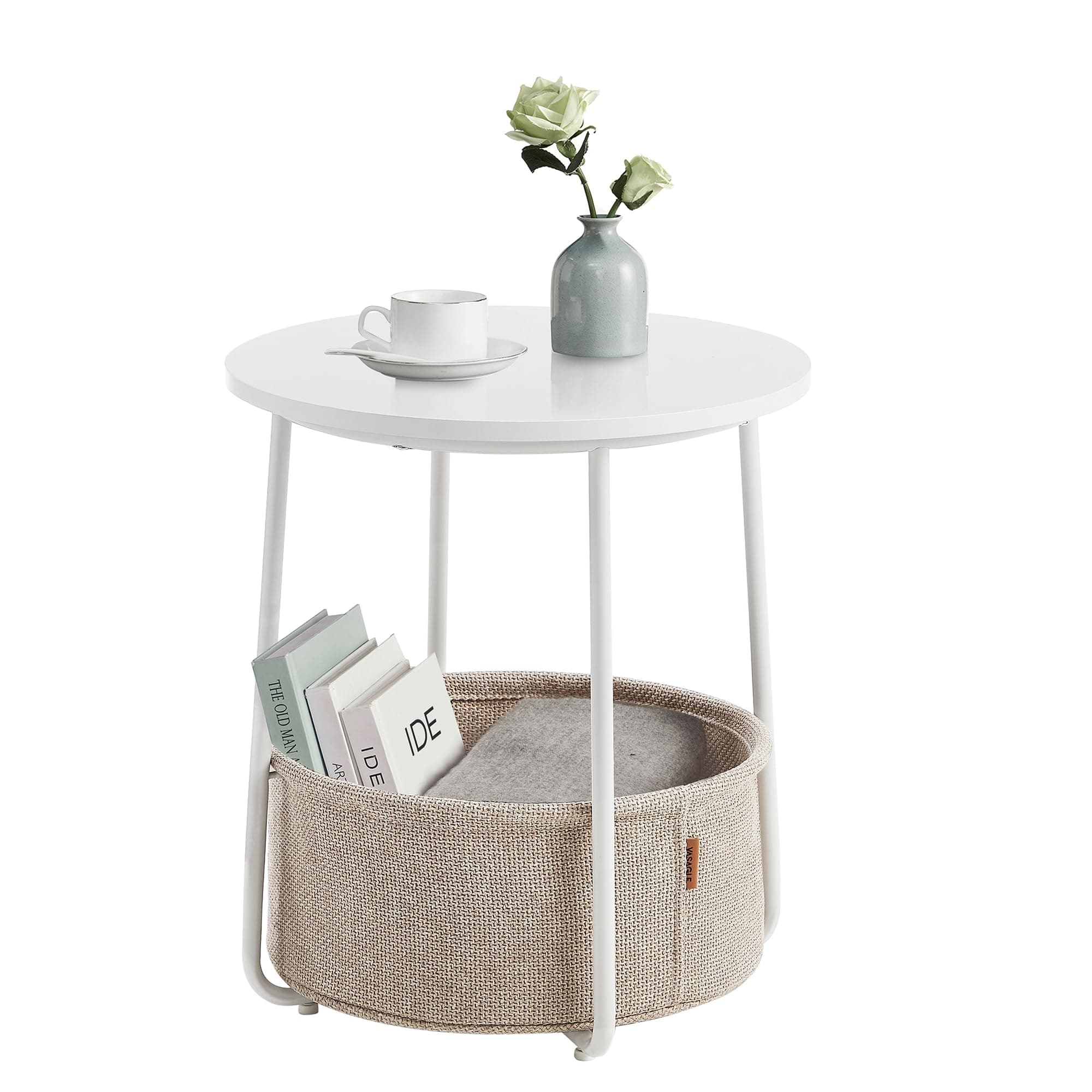 VASAGLE Tavolino, Tavolino Rotondo con Cestino in Tessuto, Spazioso, per Soggiorno Camera da Letto, Comodino, Stile Moderno, Bianco Opaco e Marrone Cammello LET223W10