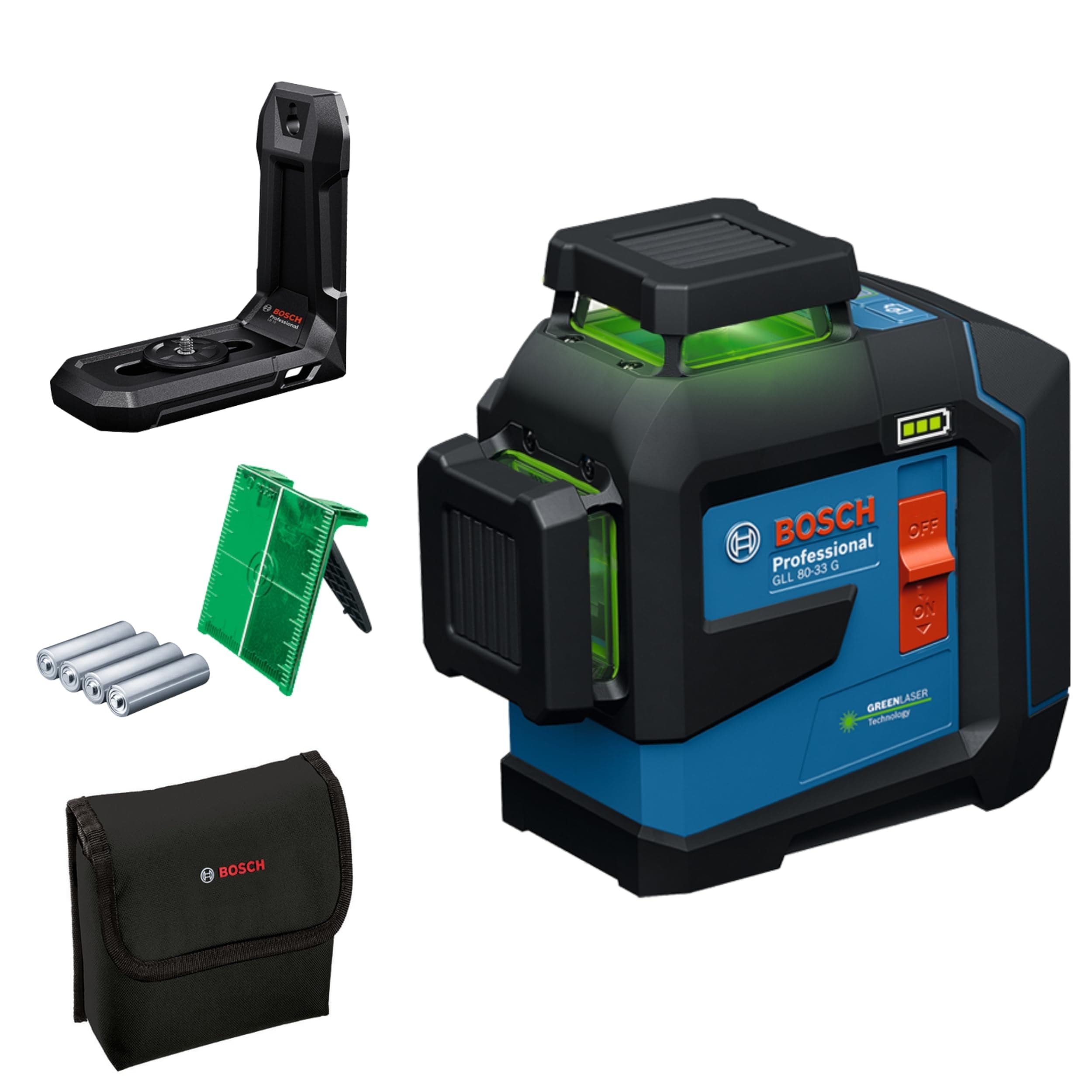 Bosch Professional laser lignes GLL 80-33 G (support de fixation LB 10, laser vert, portée jusqu’à 30 m, alimentation dual power, 4 piles 1,5 V LR6, housse de protection)